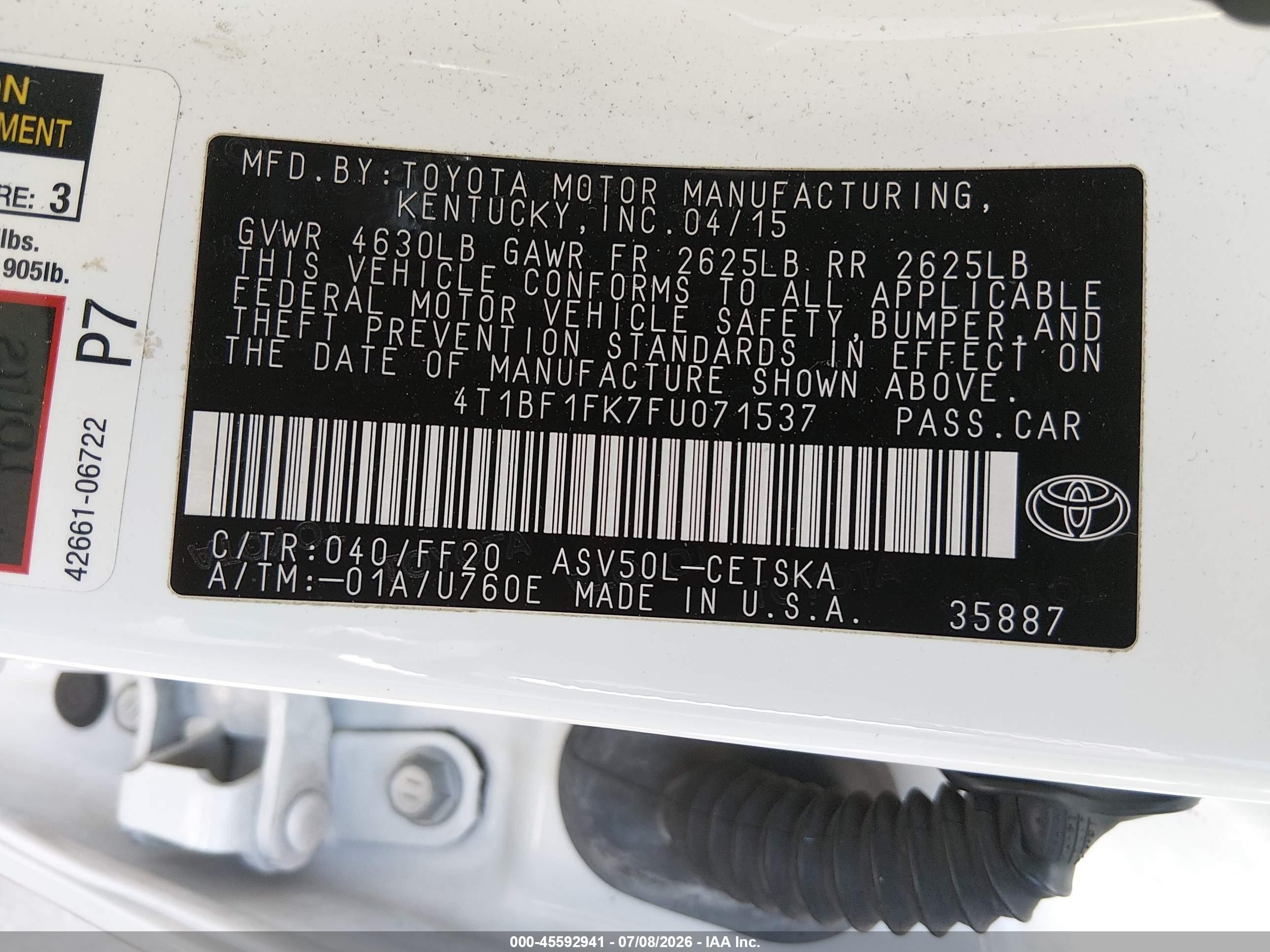 2015 Toyota Camry Se White vin: 4T1BF1FK7FU071537