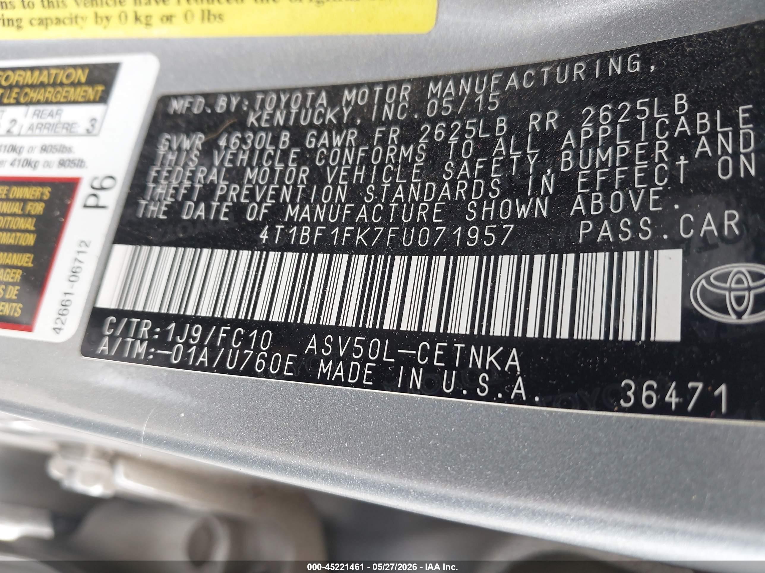 2015 Toyota Camry Le Silver vin: 4T1BF1FK7FU071957
