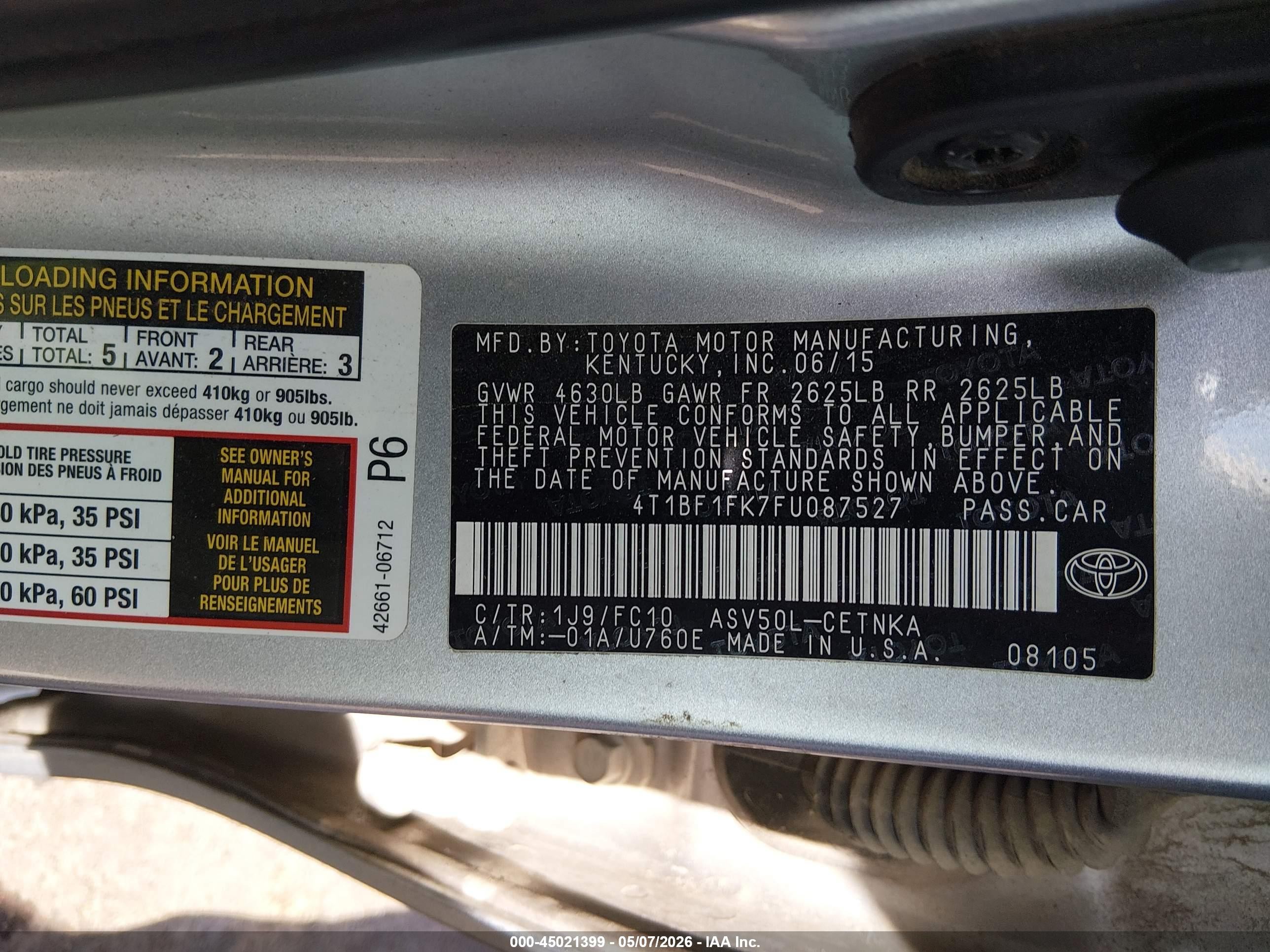 2015 Toyota Camry Le Серебряный vin: 4T1BF1FK7FU087527