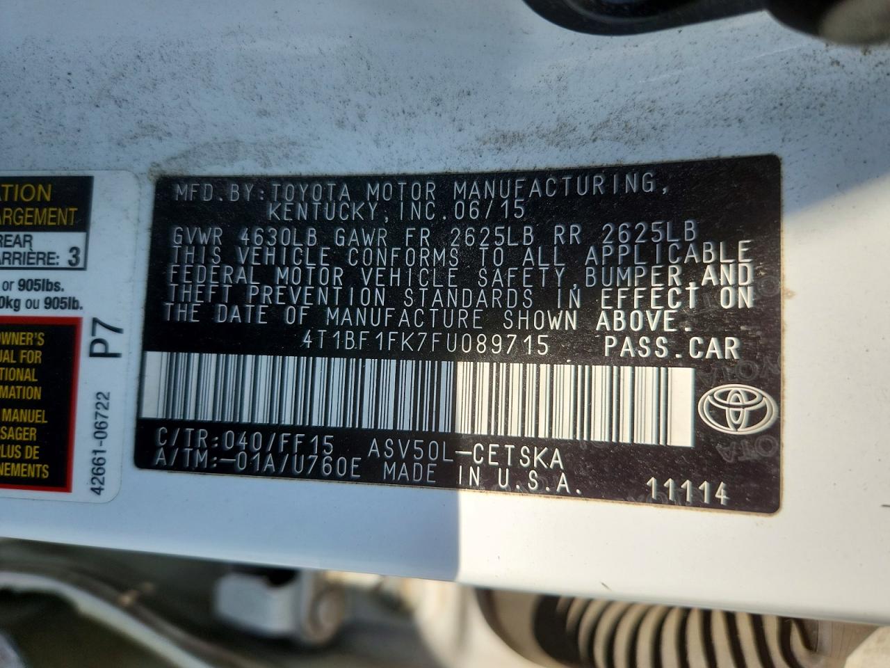 2015 Toyota Camry Se White vin: 4T1BF1FK7FU089715