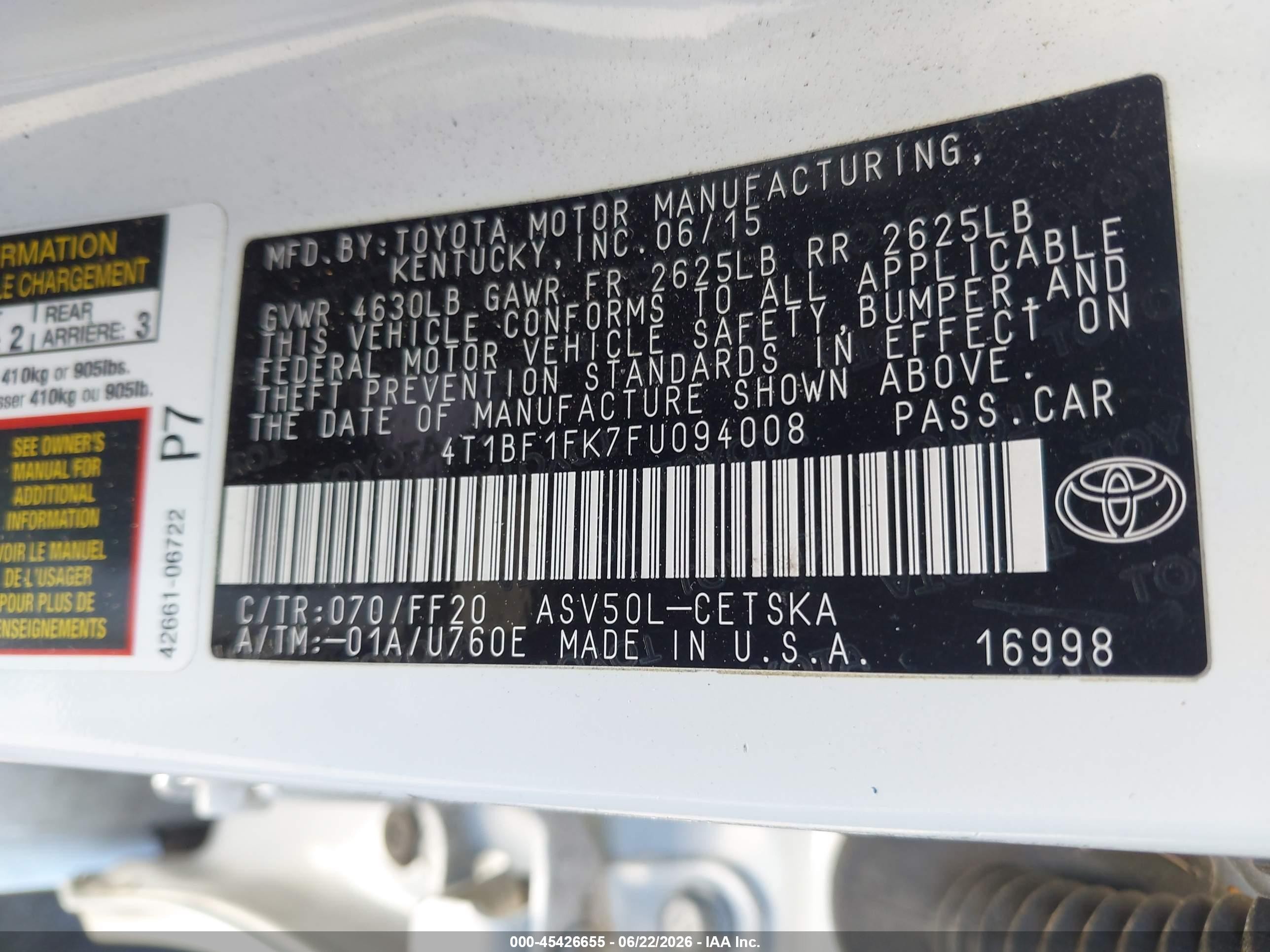 2015 Toyota Camry Se White vin: 4T1BF1FK7FU094008