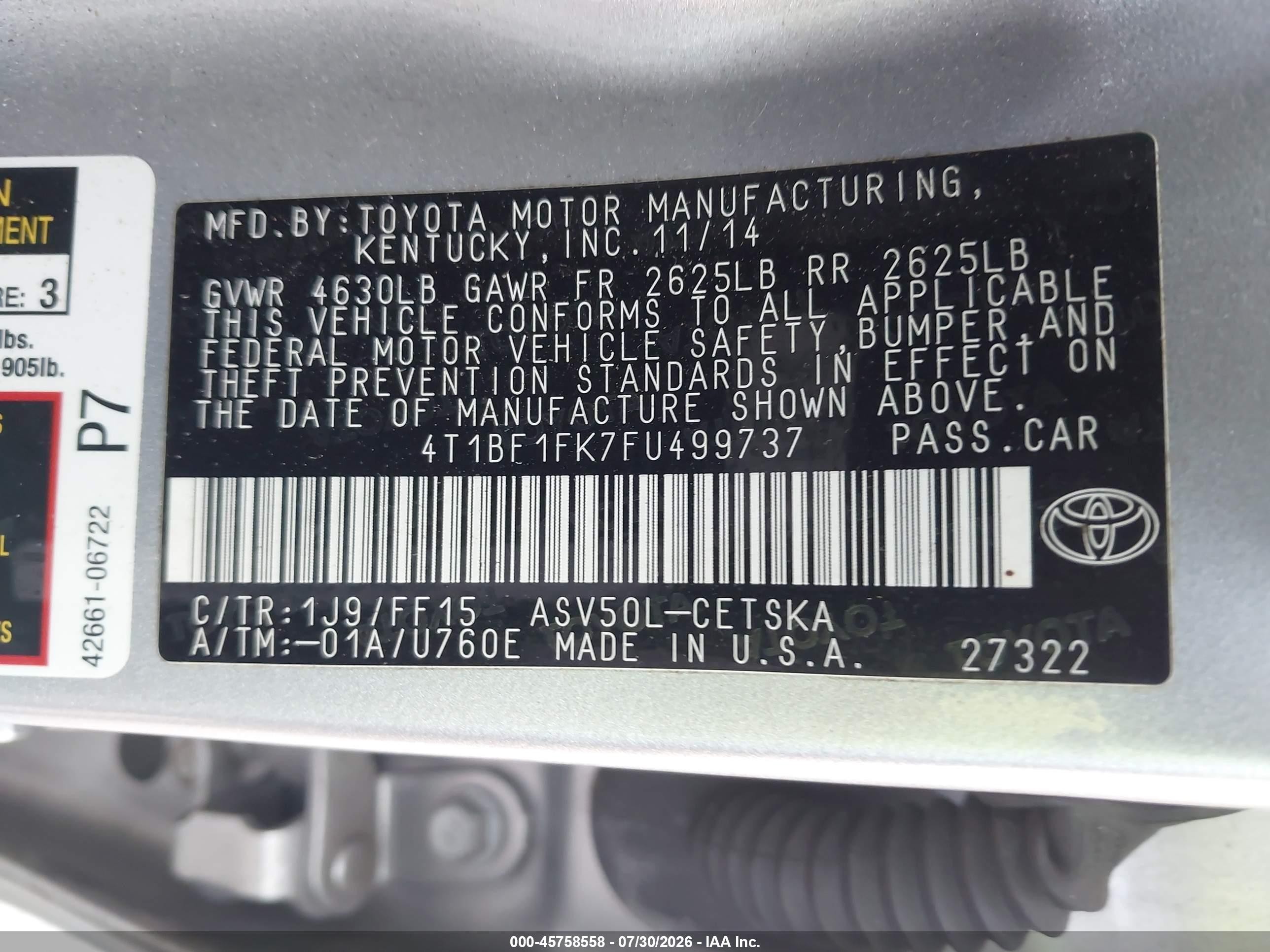 2015 Toyota Camry Se Silver vin: 4T1BF1FK7FU499737