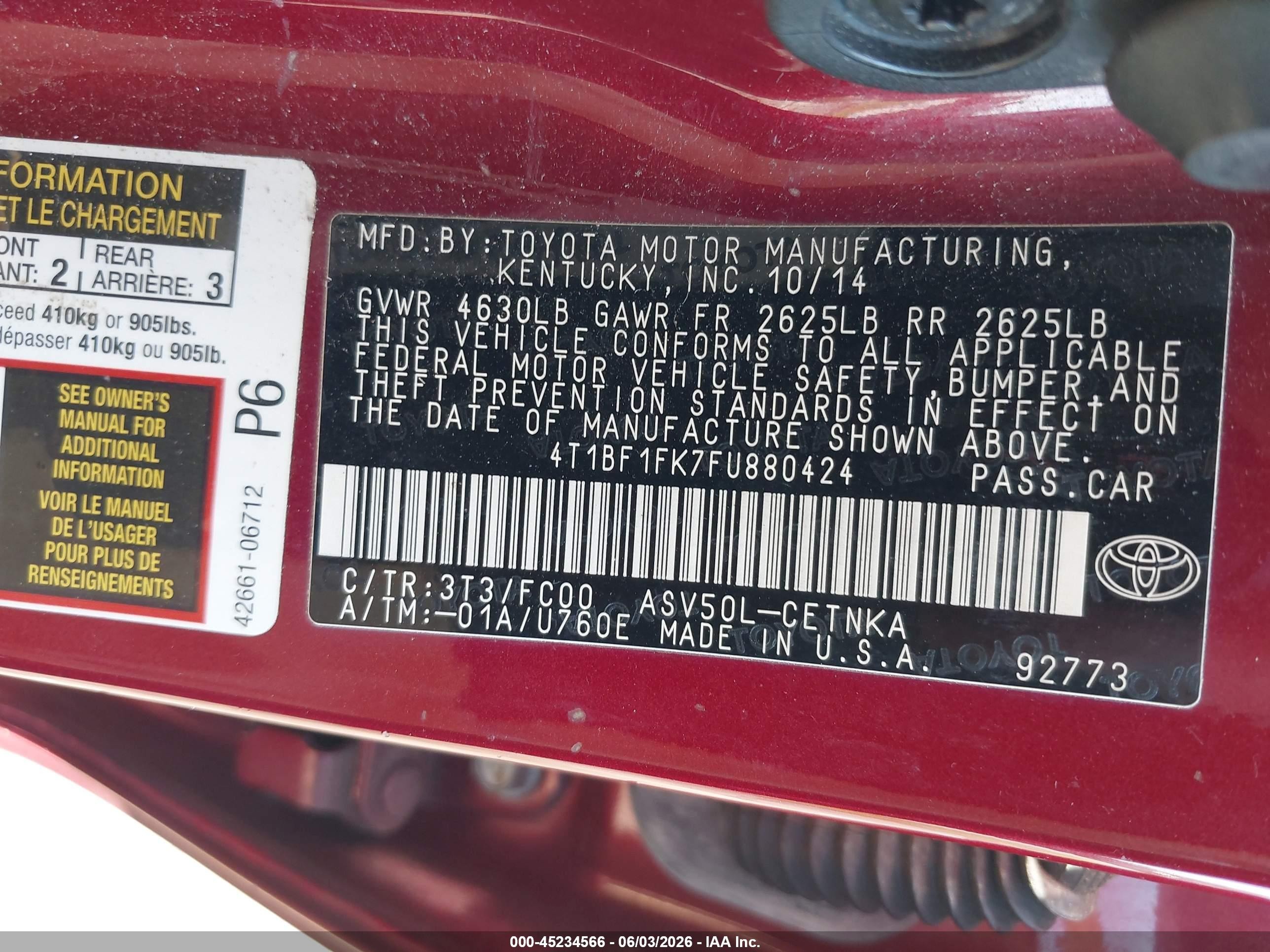 2015 Toyota Camry Le Red vin: 4T1BF1FK7FU880424