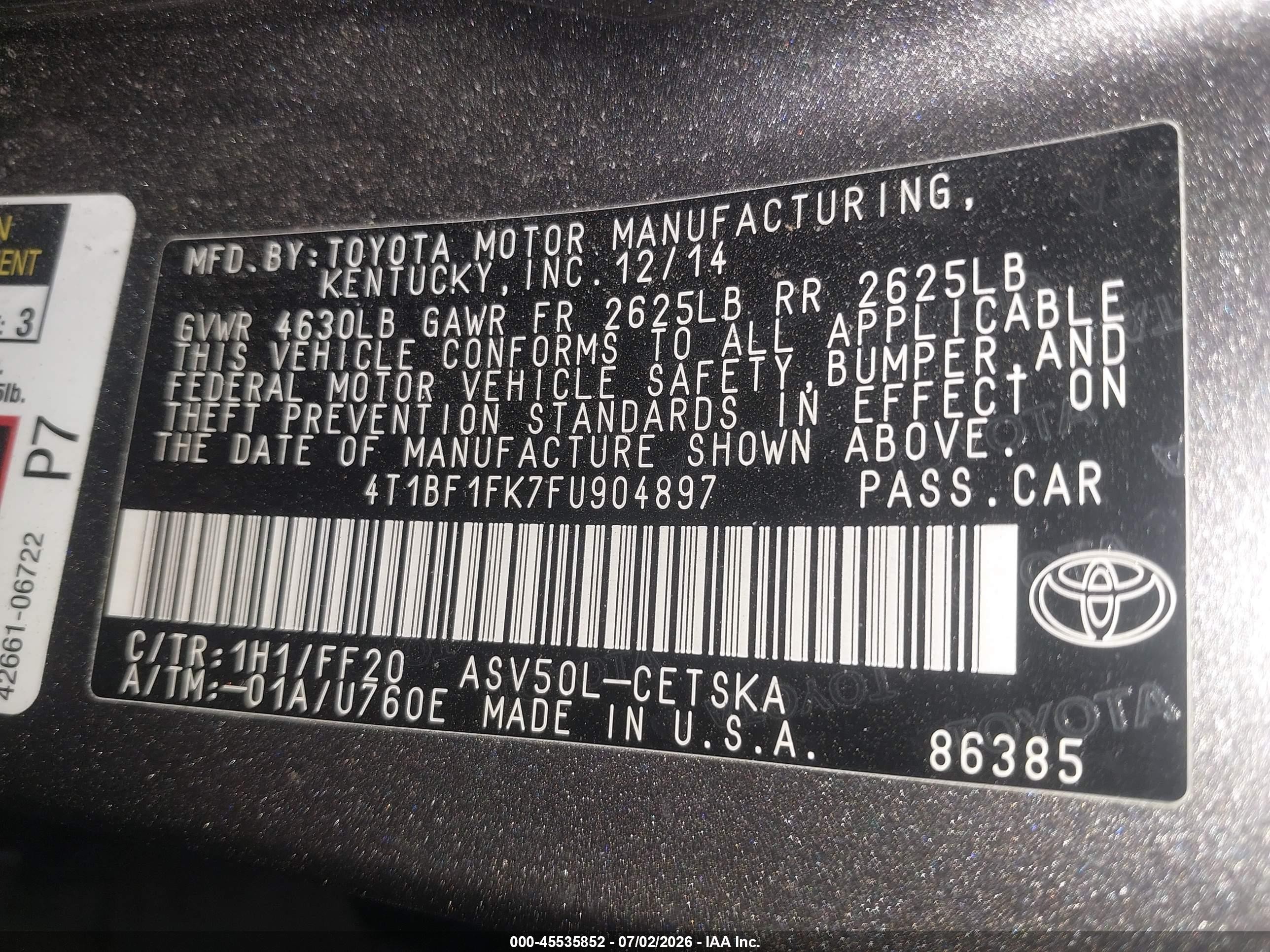 2015 Toyota Camry Se Gray vin: 4T1BF1FK7FU904897
