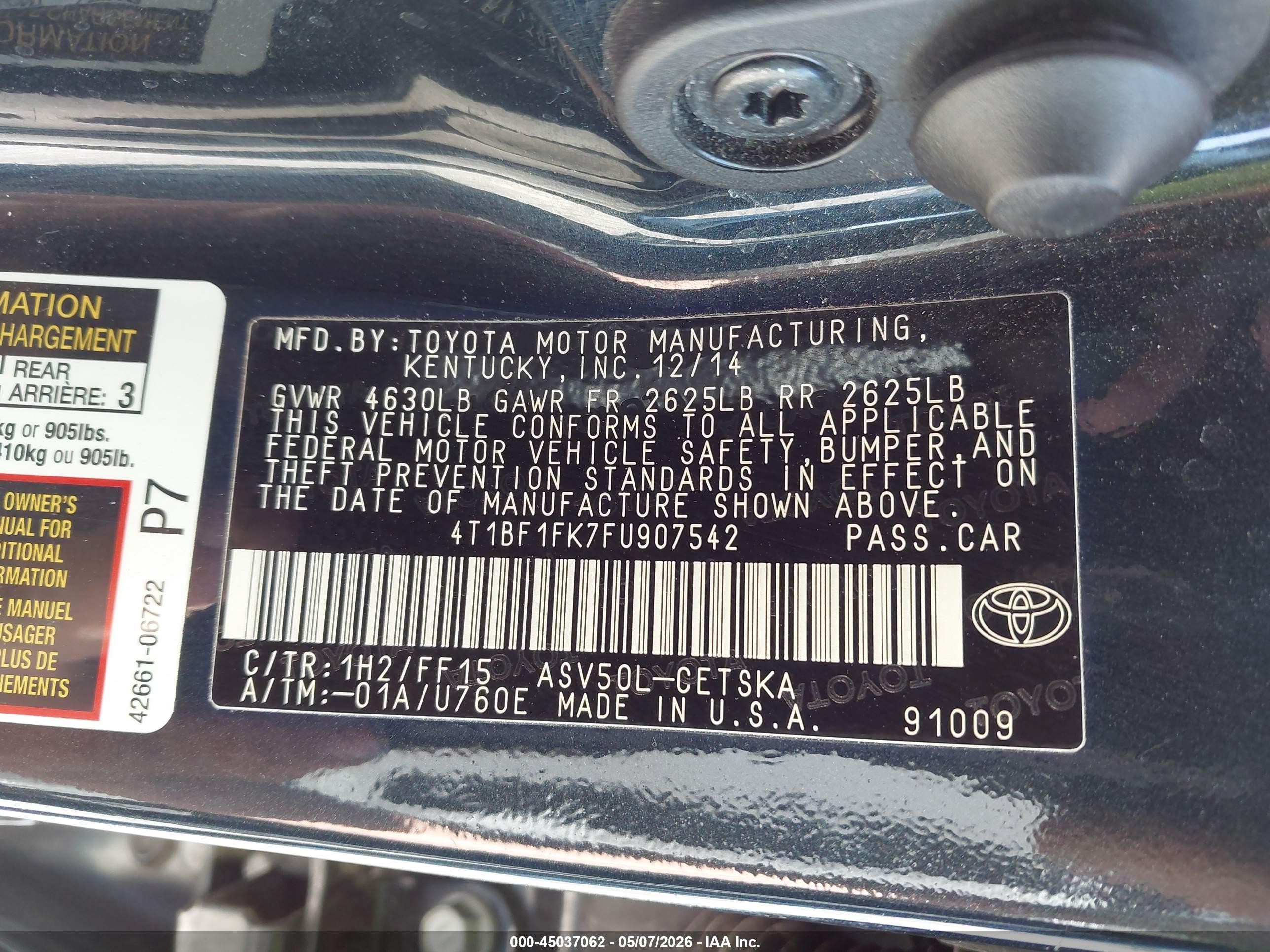 2015 Toyota Camry Se Черный vin: 4T1BF1FK7FU907542