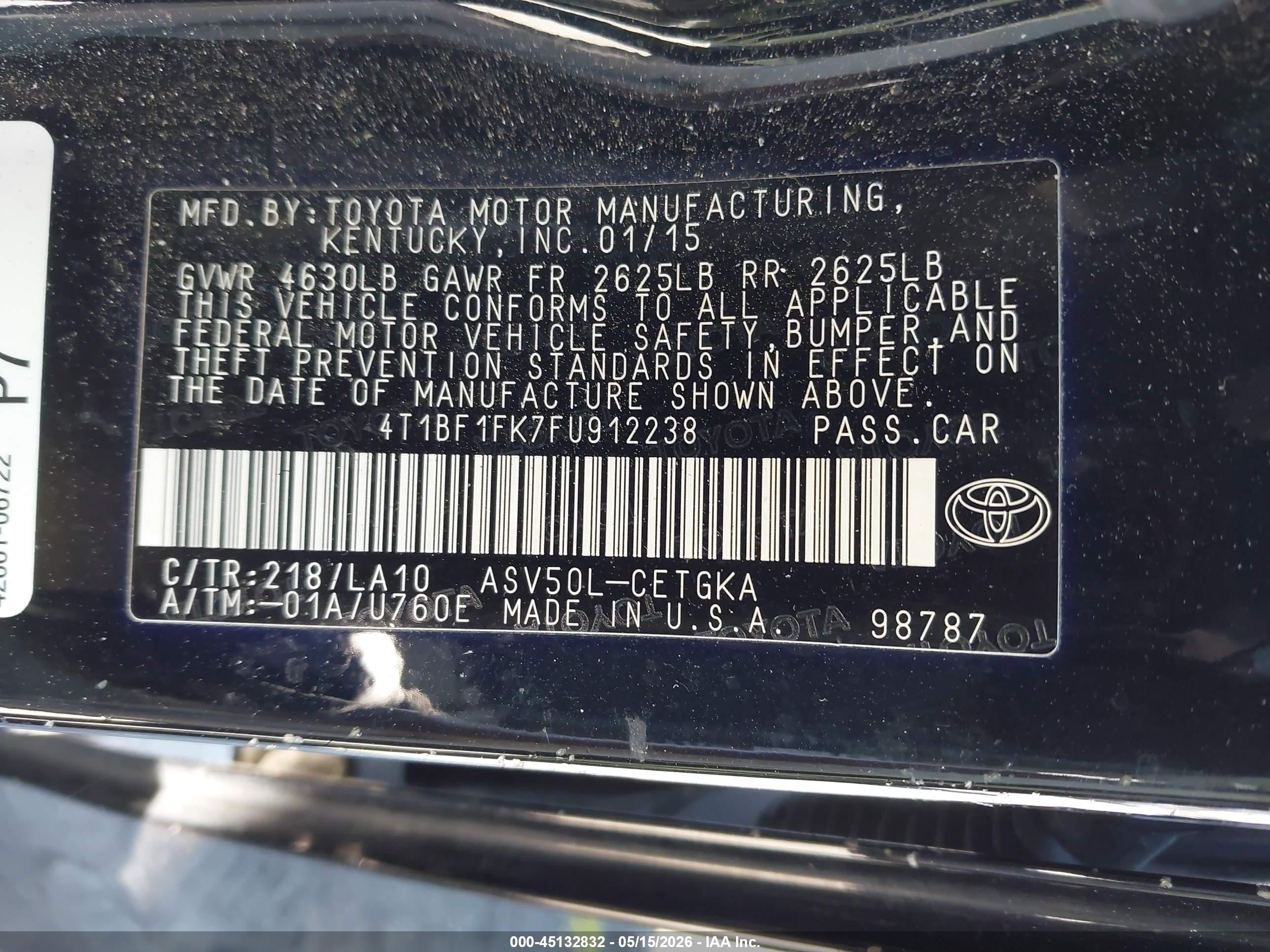 2015 Toyota Camry Xle Black vin: 4T1BF1FK7FU912238