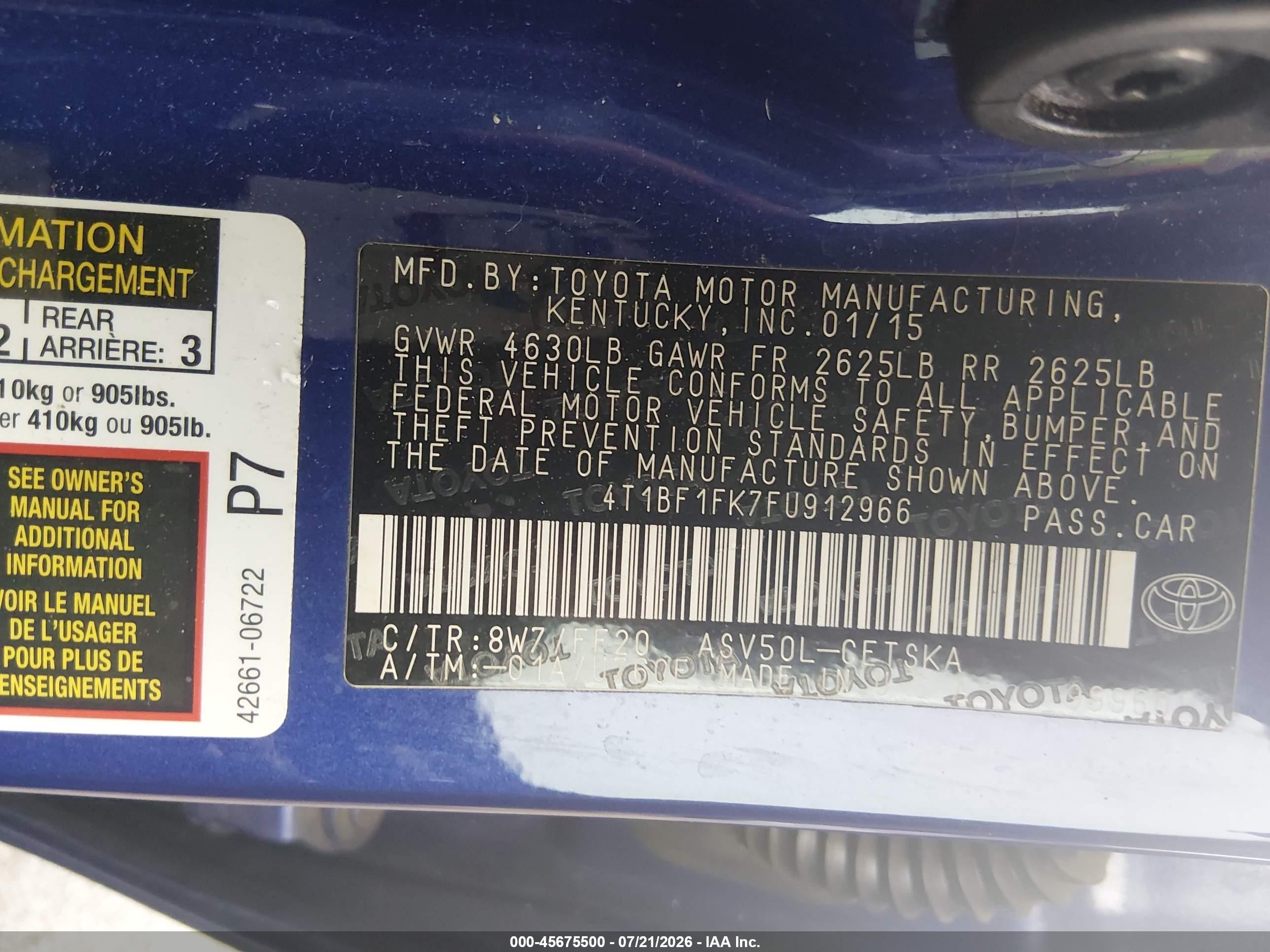 2015 Toyota Camry Se Blue vin: 4T1BF1FK7FU912966