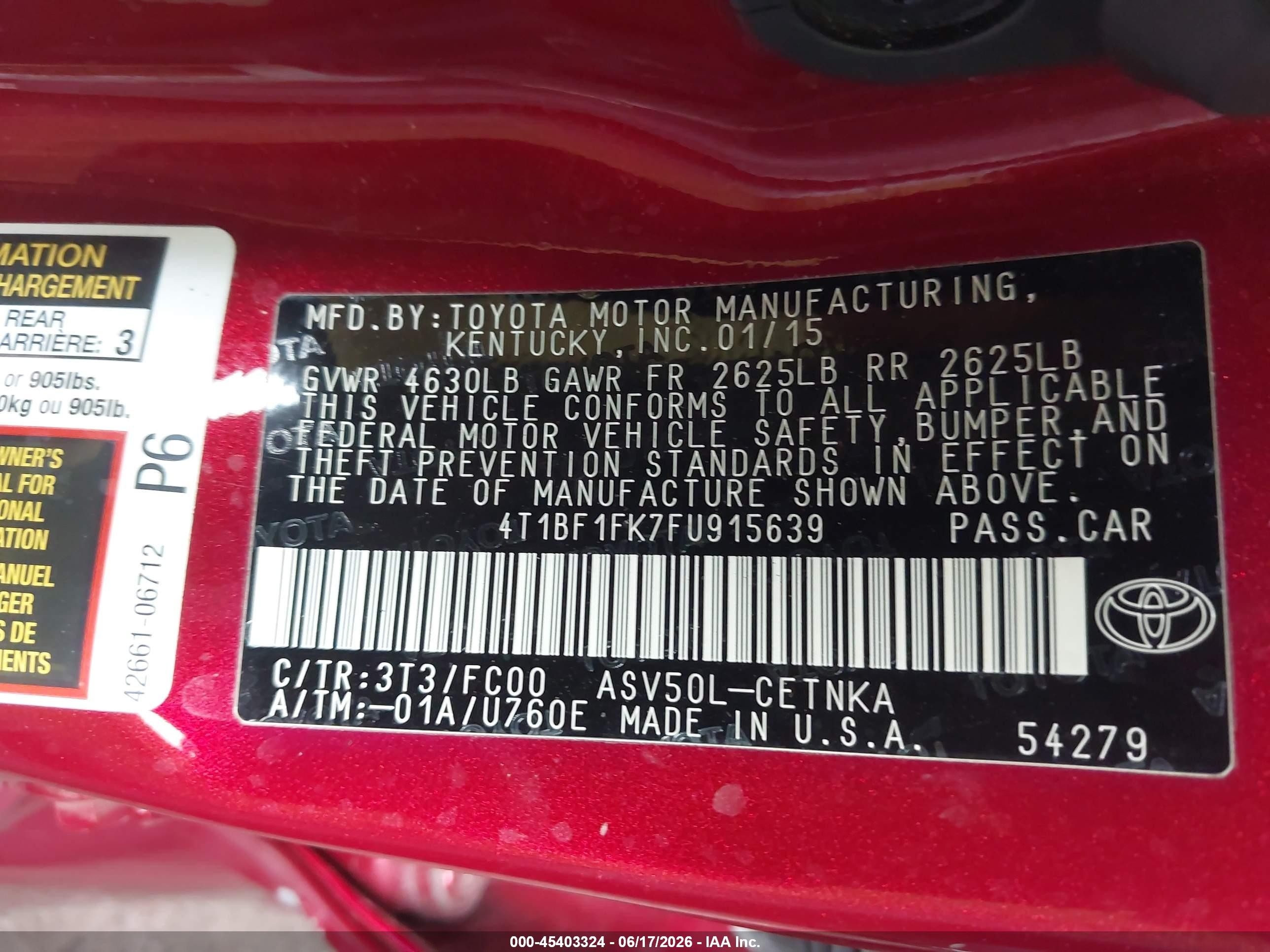 2015 Toyota Camry Le Red vin: 4T1BF1FK7FU915639
