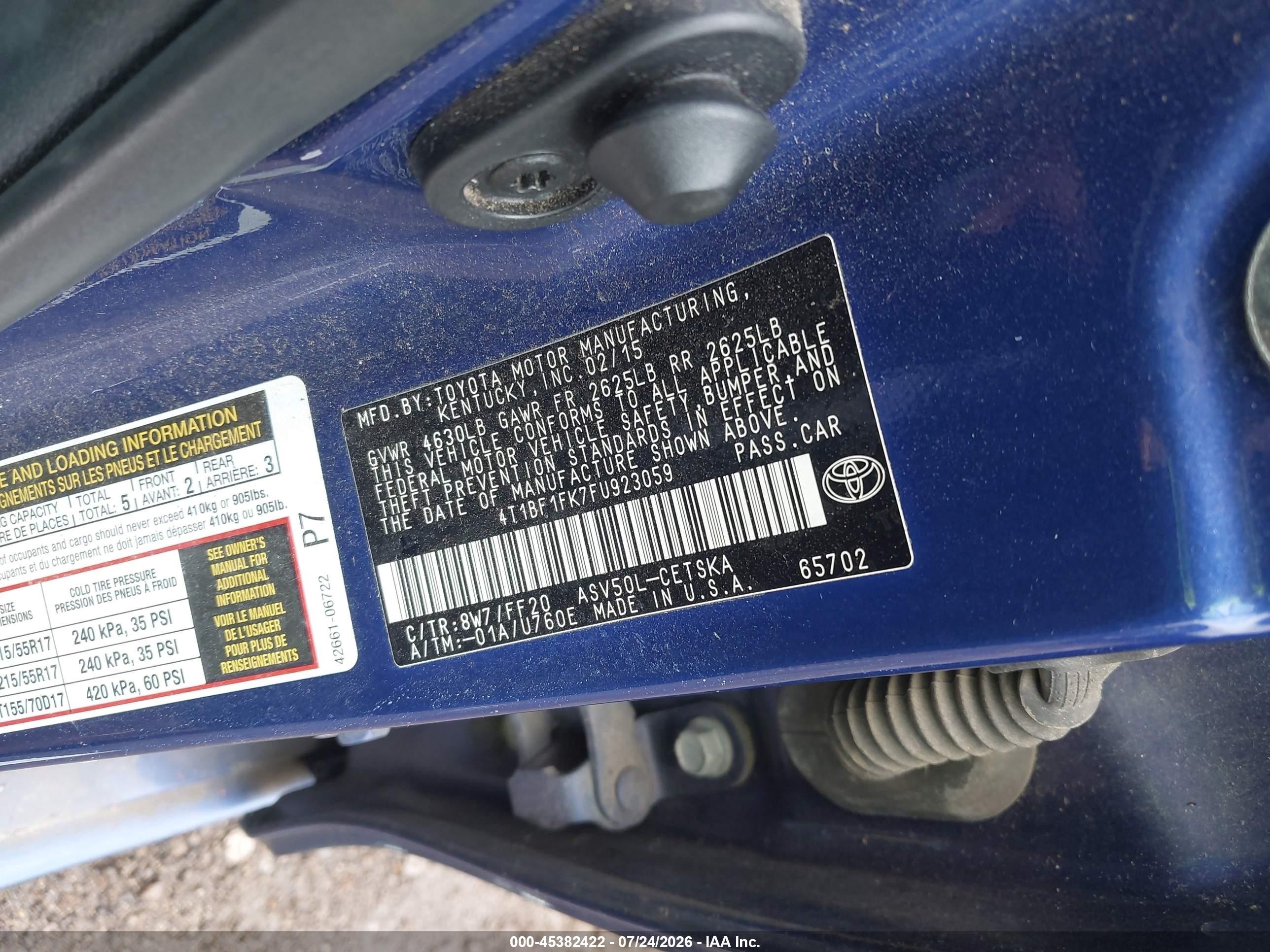 2015 Toyota Camry Se Blue vin: 4T1BF1FK7FU923059