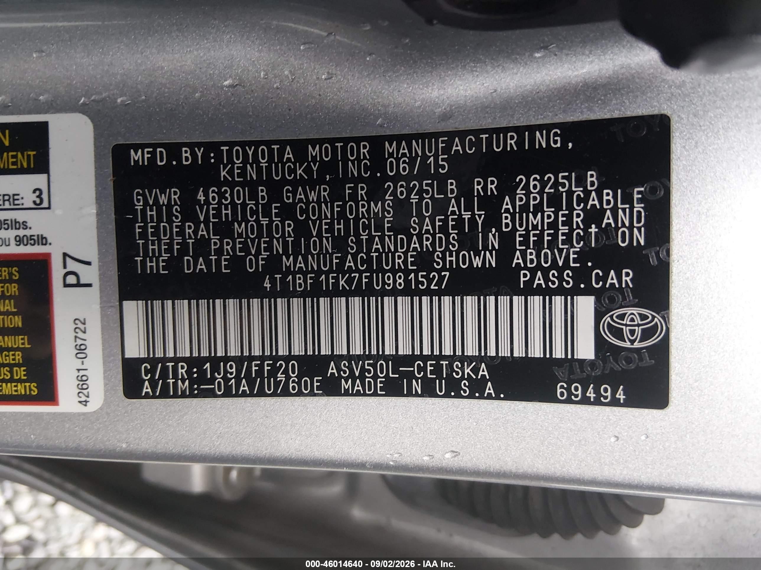 2015 Toyota Camry Se Silver vin: 4T1BF1FK7FU981527