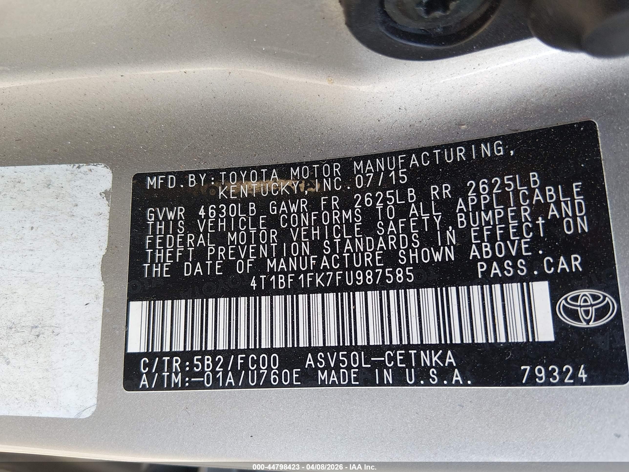 2015 Toyota Camry Le Beige vin: 4T1BF1FK7FU987585