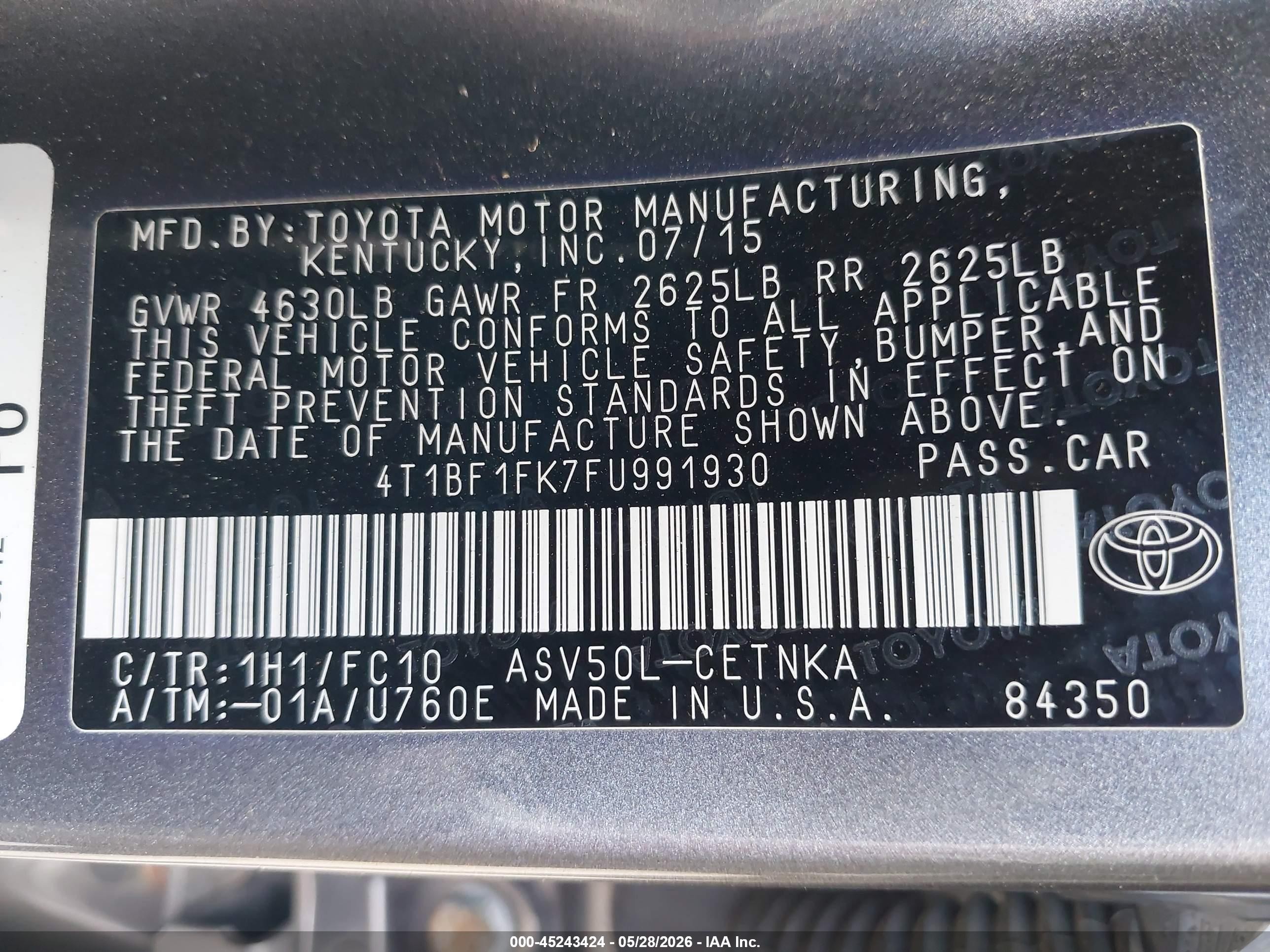2015 Toyota Camry Le Gray vin: 4T1BF1FK7FU991930