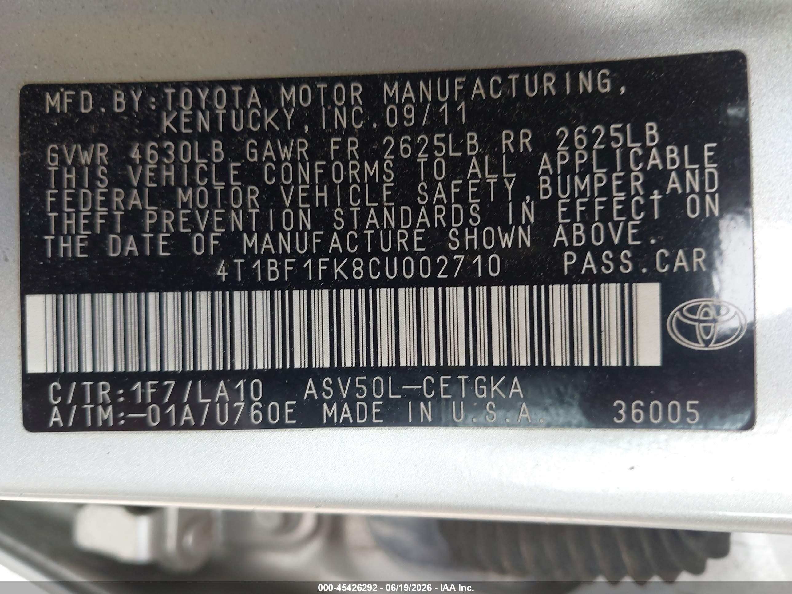 2012 Toyota Camry Xle Silver vin: 4T1BF1FK8CU002710