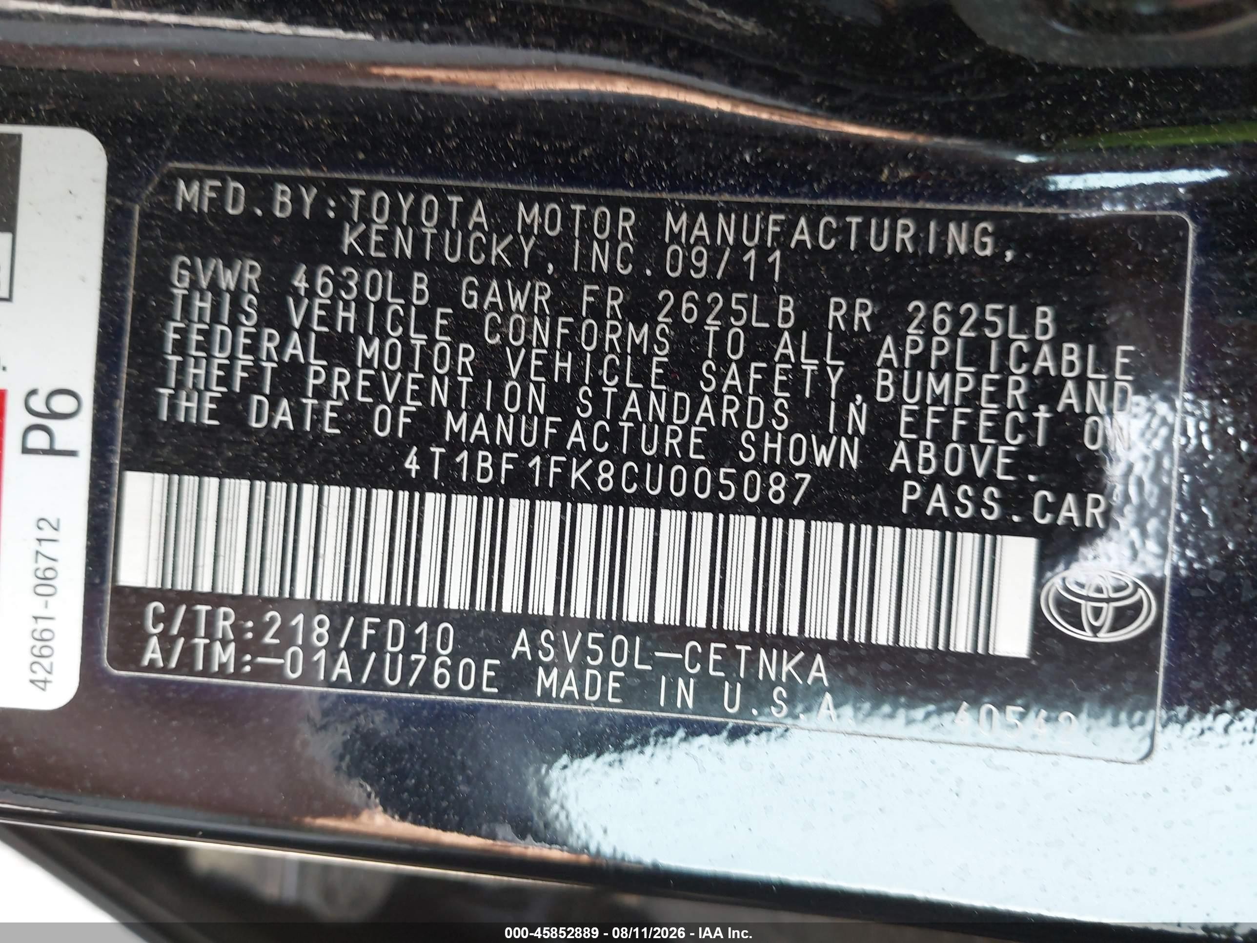 2012 Toyota Camry Le Black vin: 4T1BF1FK8CU005087