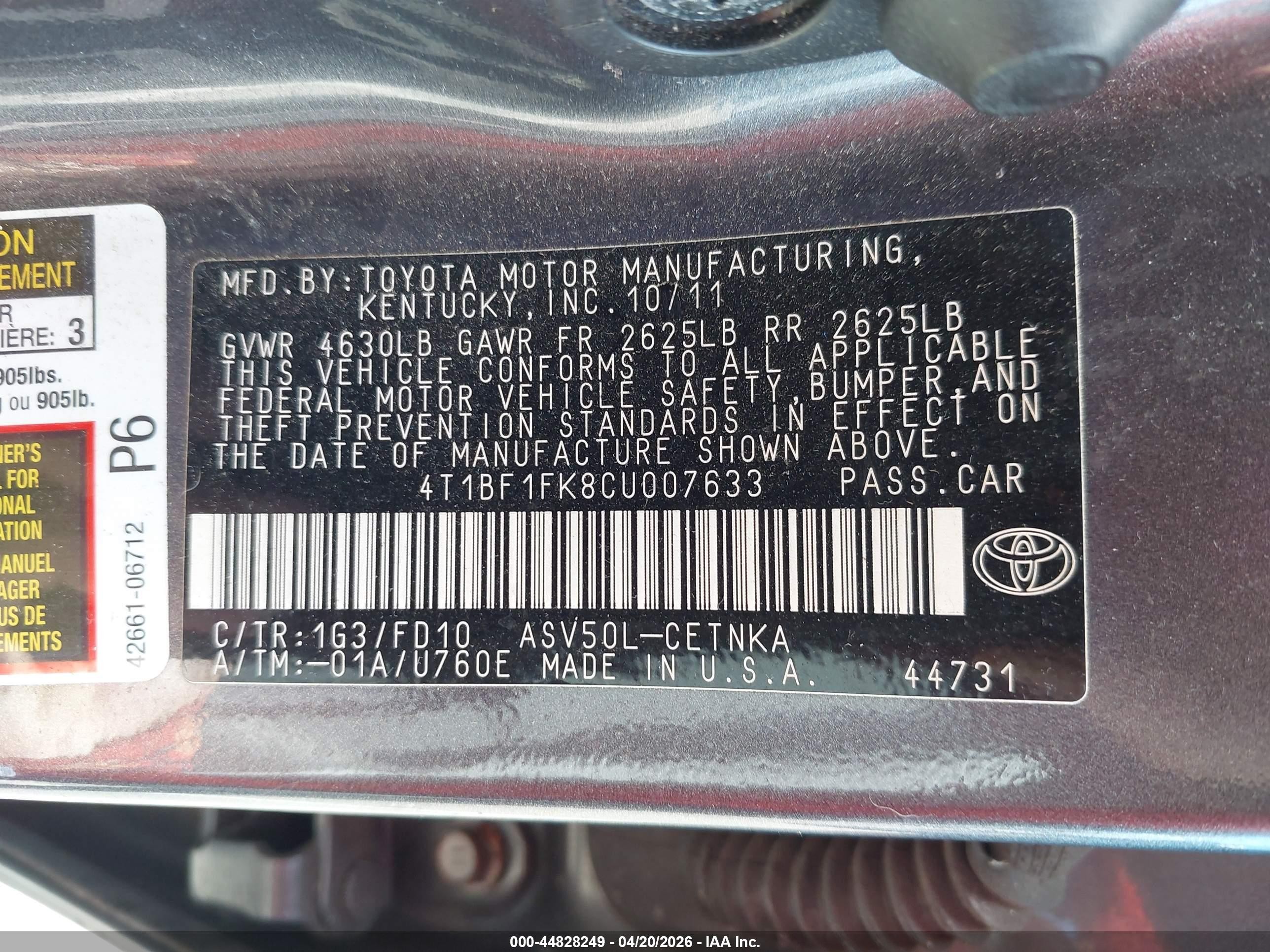 2012 Toyota Camry Le Gray vin: 4T1BF1FK8CU007633