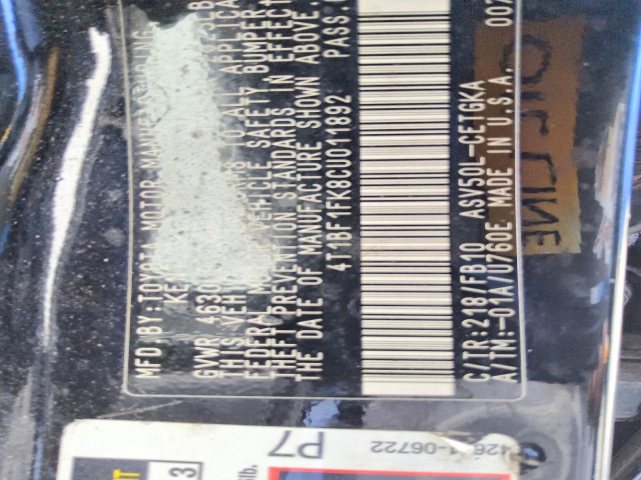 2012 Toyota Camry Xle Black vin: 4T1BF1FK8CU011892