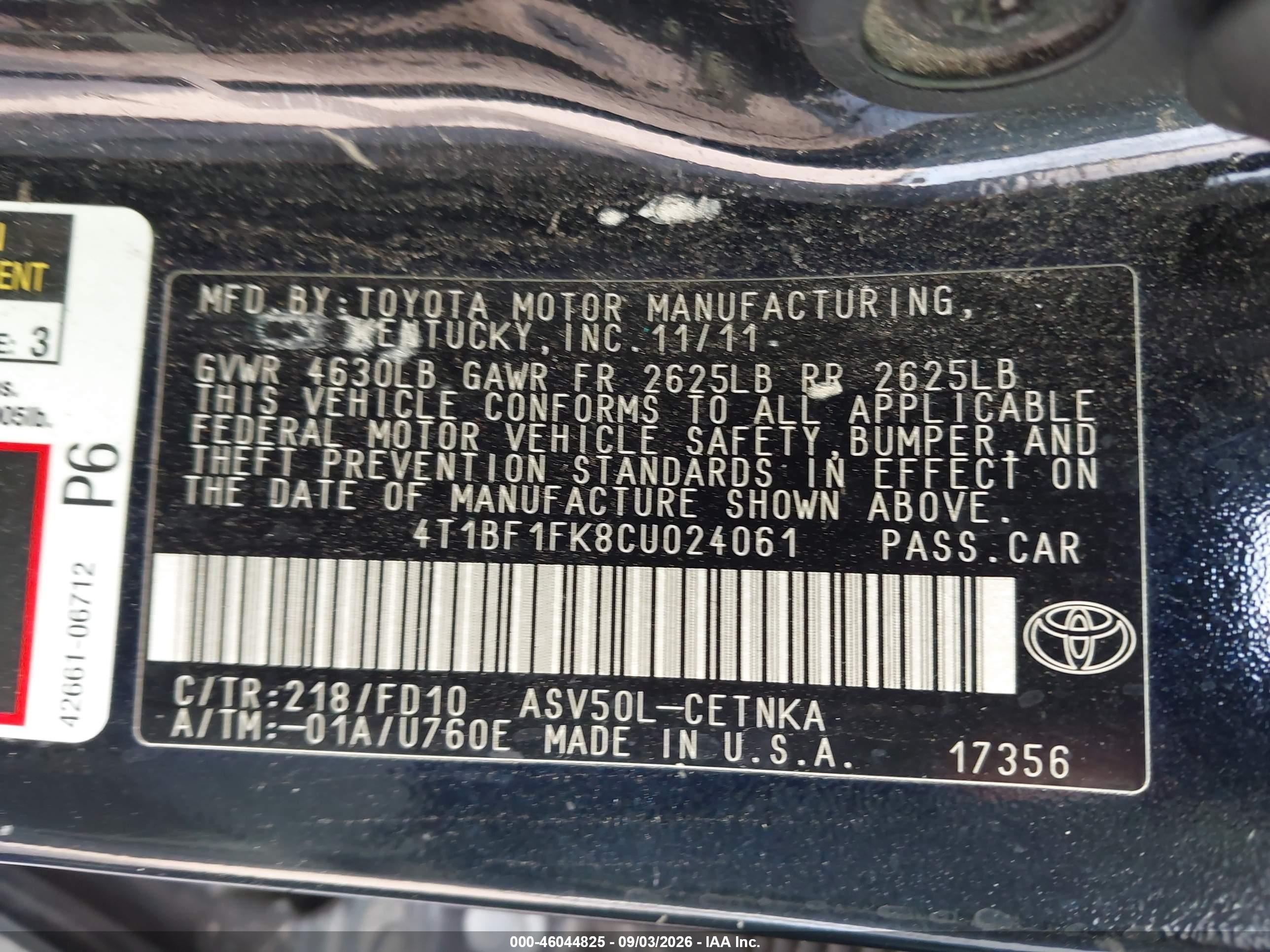 2012 Toyota Camry Le Black vin: 4T1BF1FK8CU024061