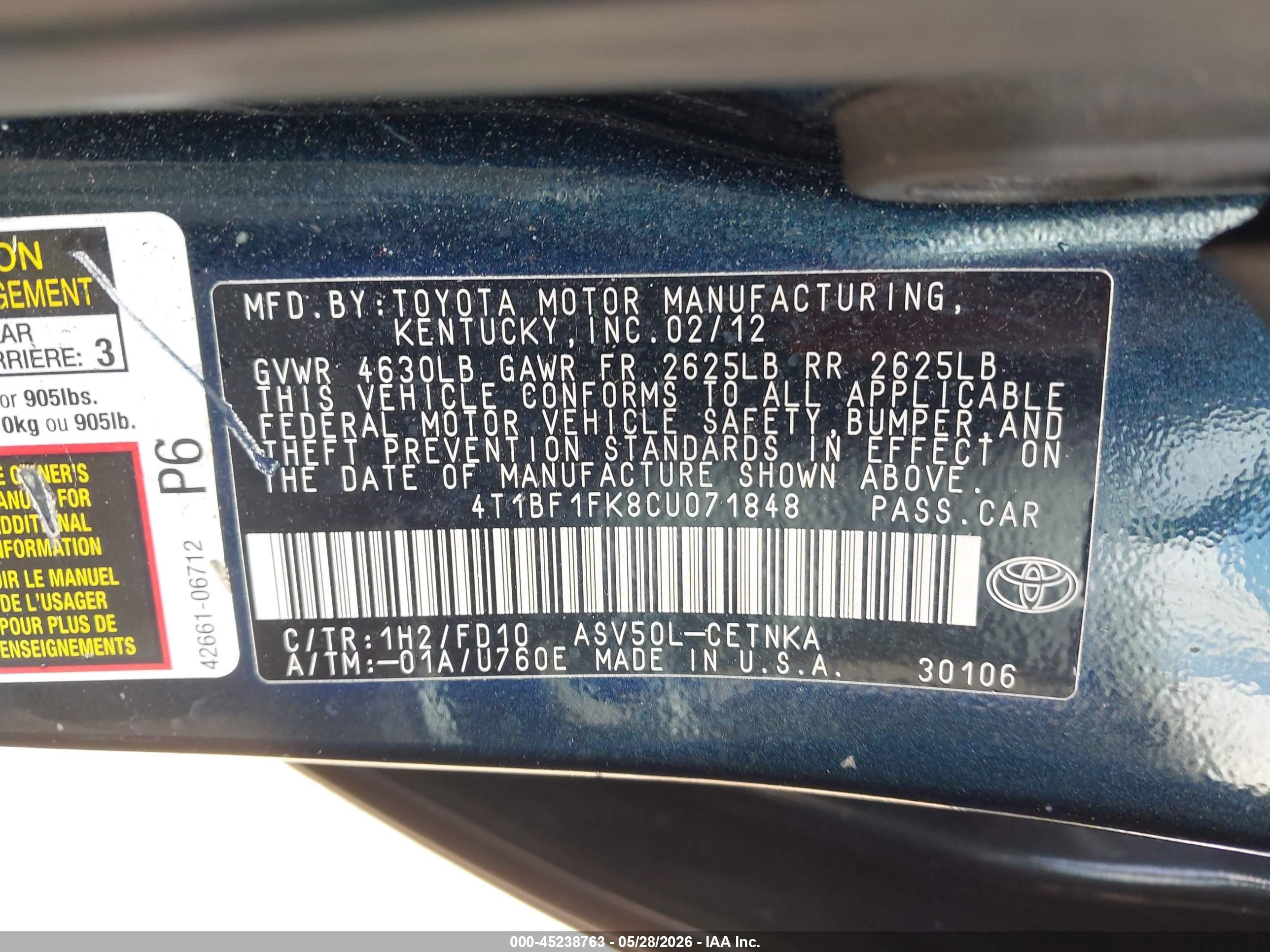 2012 Toyota Camry Le Navy vin: 4T1BF1FK8CU071848