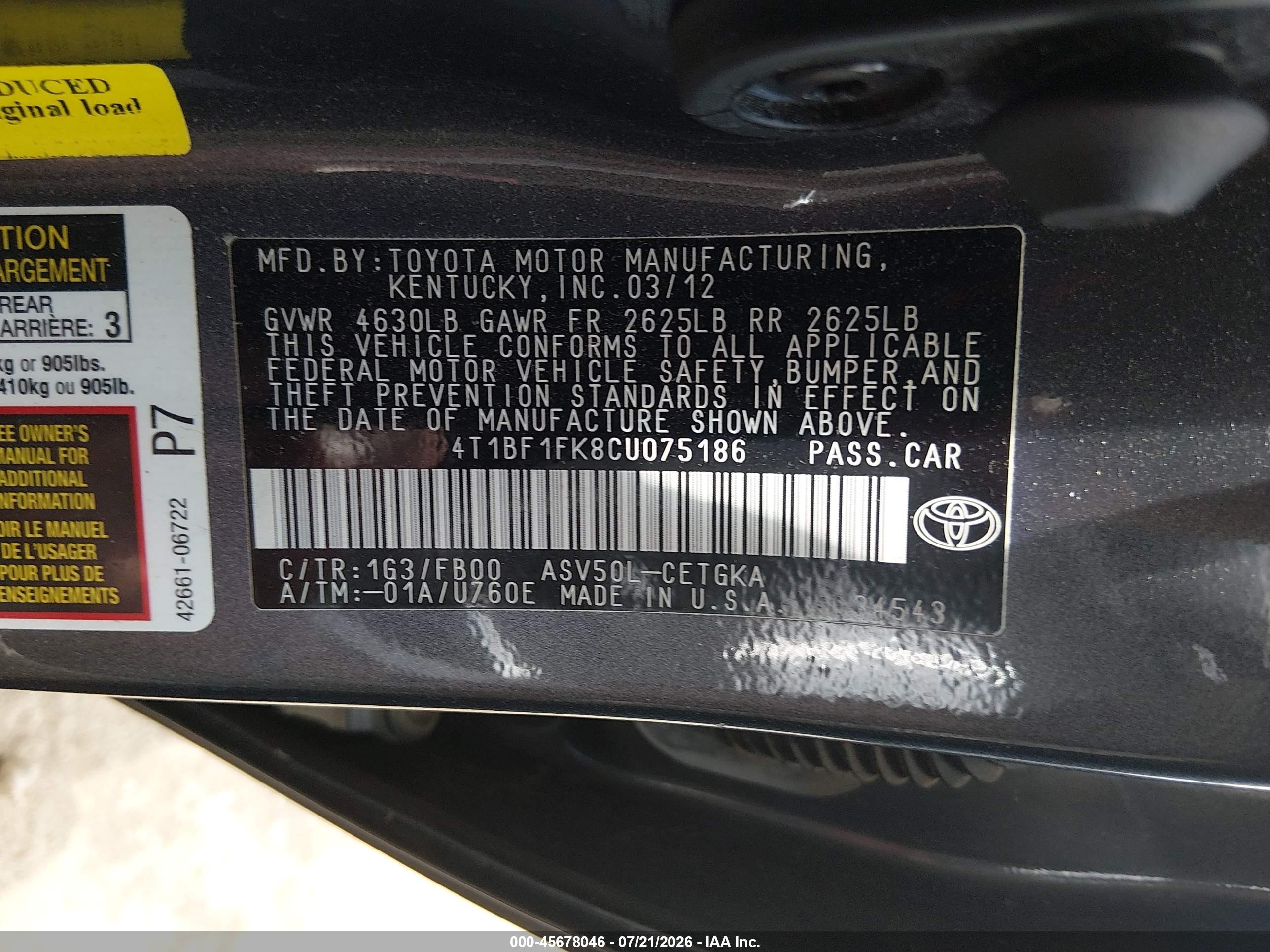 2012 Toyota Camry Xle Gray vin: 4T1BF1FK8CU075186