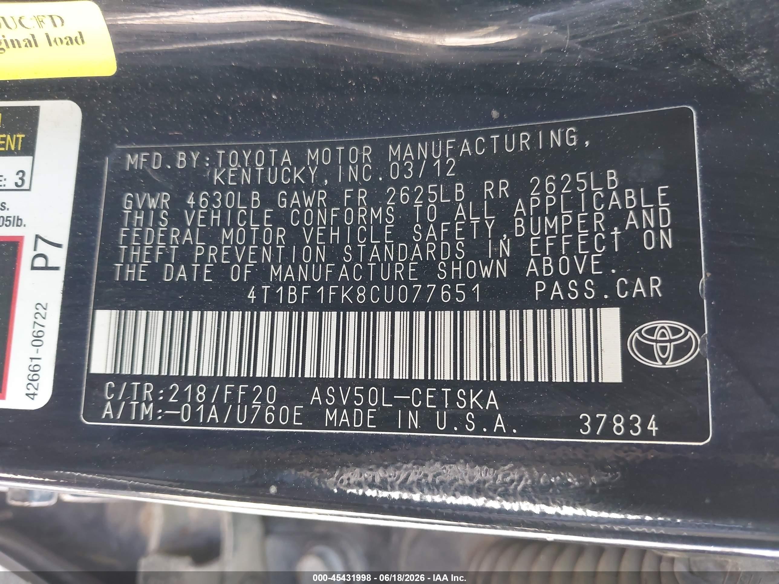 2012 Toyota Camry Se Black vin: 4T1BF1FK8CU077651