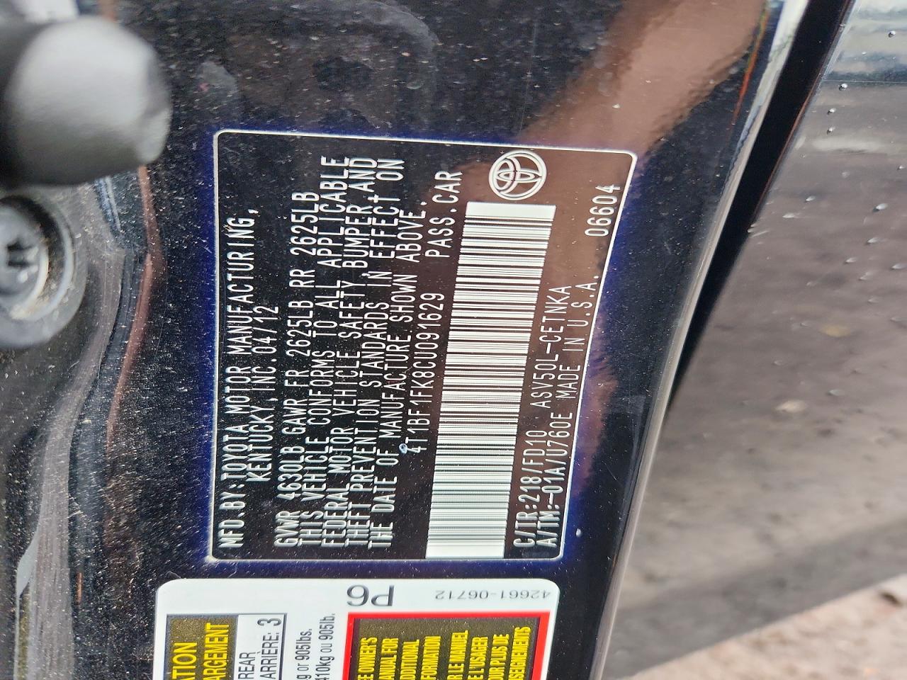2012 Toyota Camry Le Black vin: 4T1BF1FK8CU091629