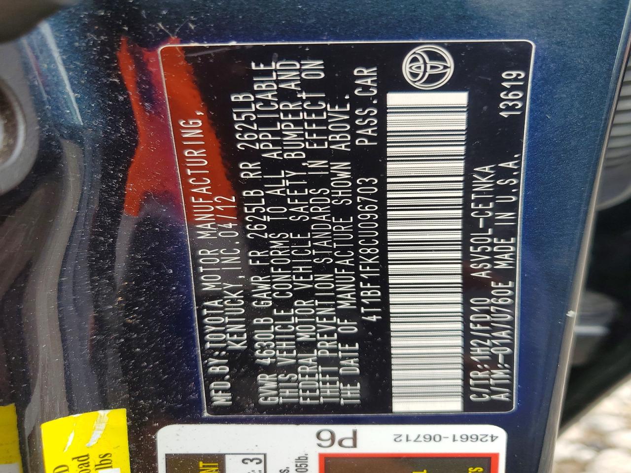 2012 Toyota Camry Charcoal vin: 4T1BF1FK8CU096703