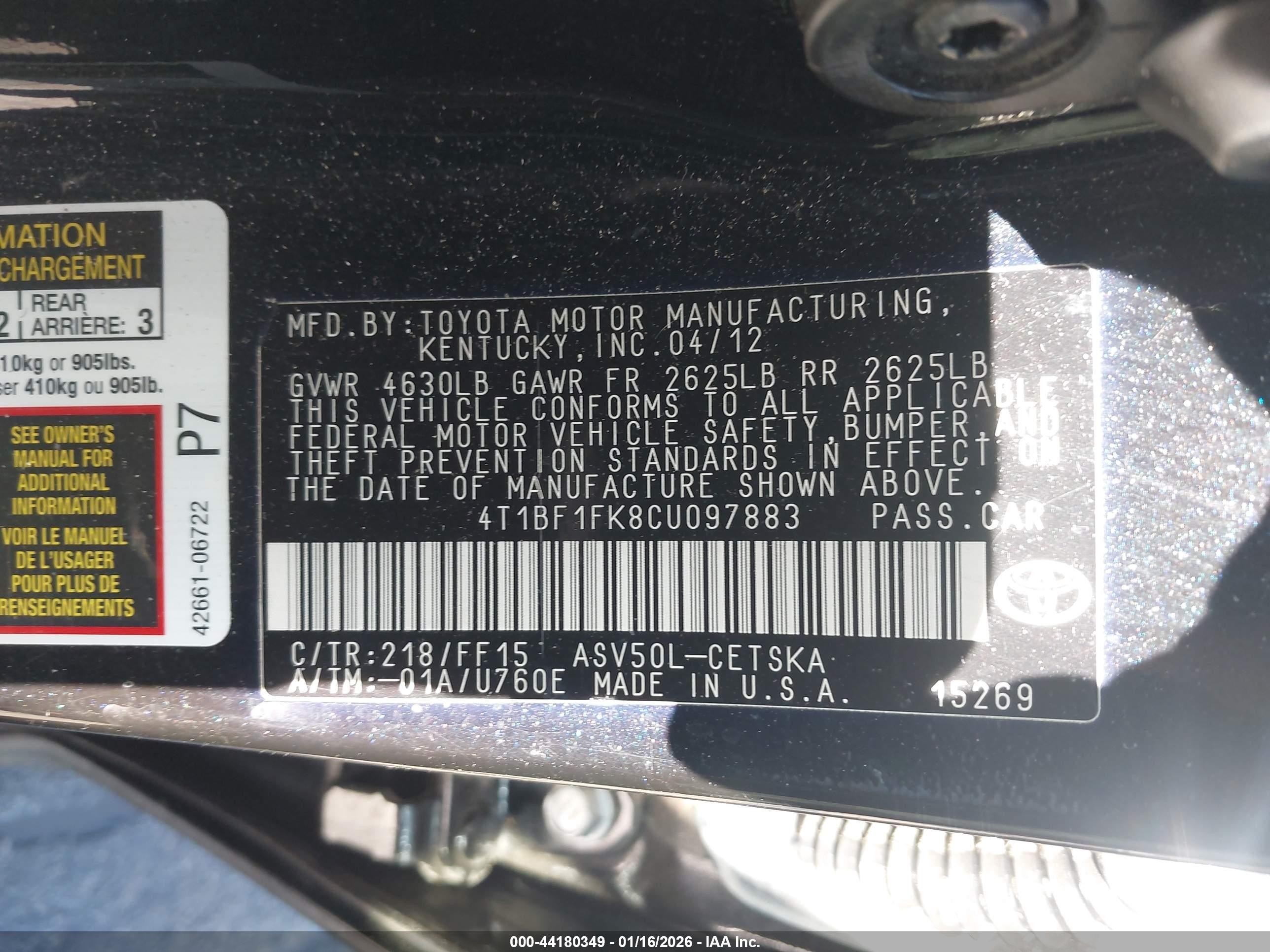 2012 Toyota Camry Se Black vin: 4T1BF1FK8CU097883