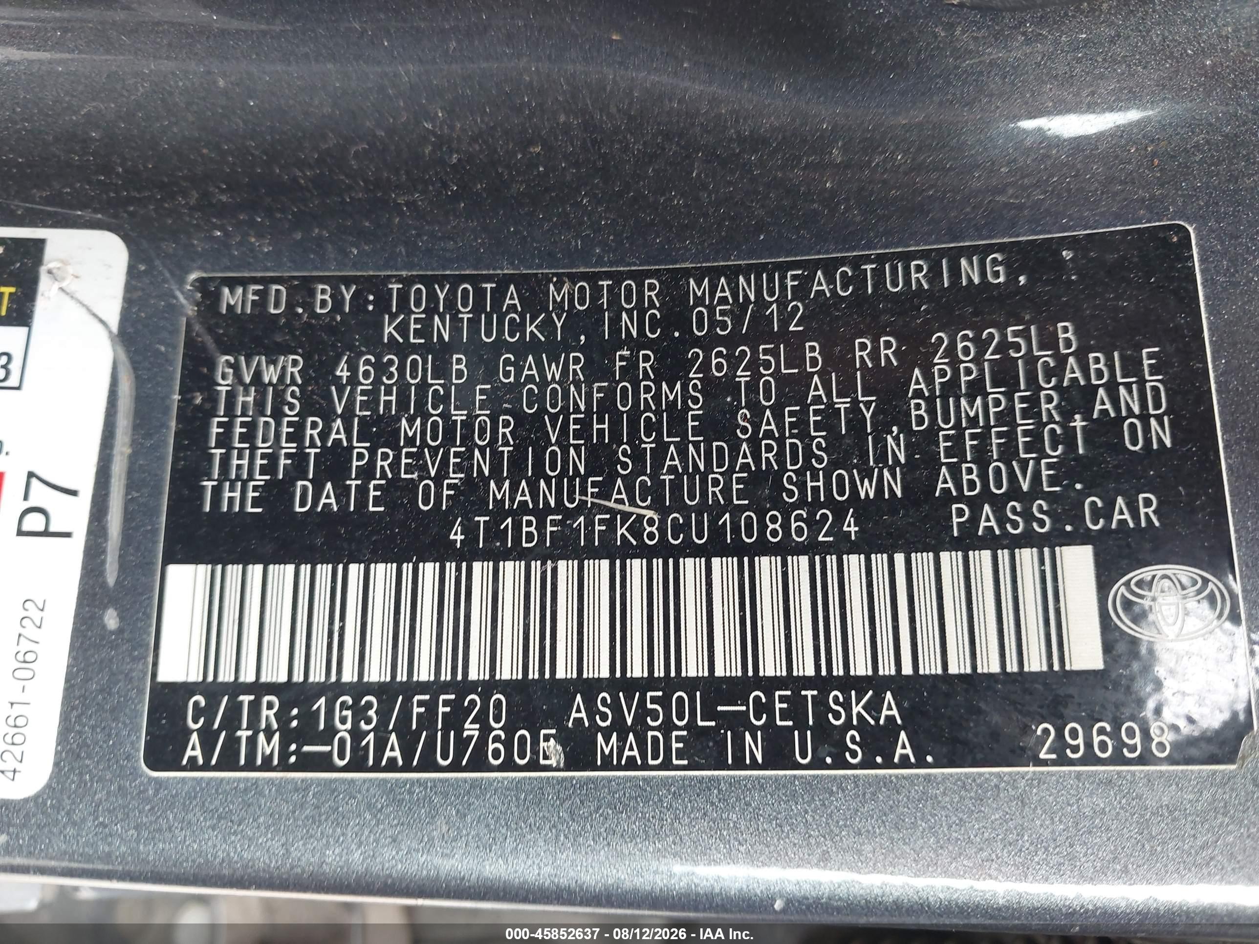 2012 Toyota Camry Se Gray vin: 4T1BF1FK8CU108624