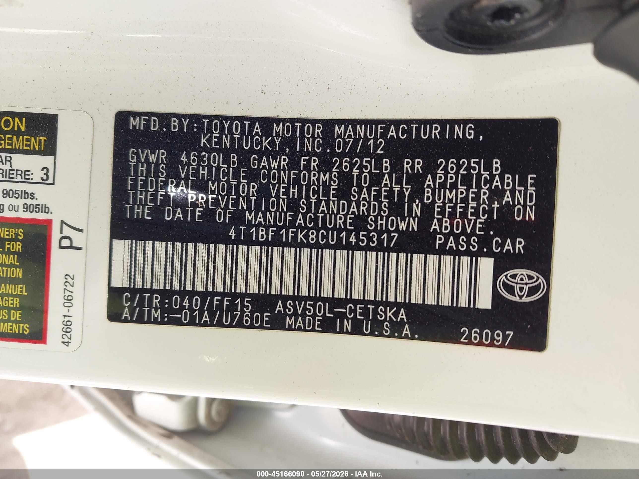2012 Toyota Camry Se White vin: 4T1BF1FK8CU145317