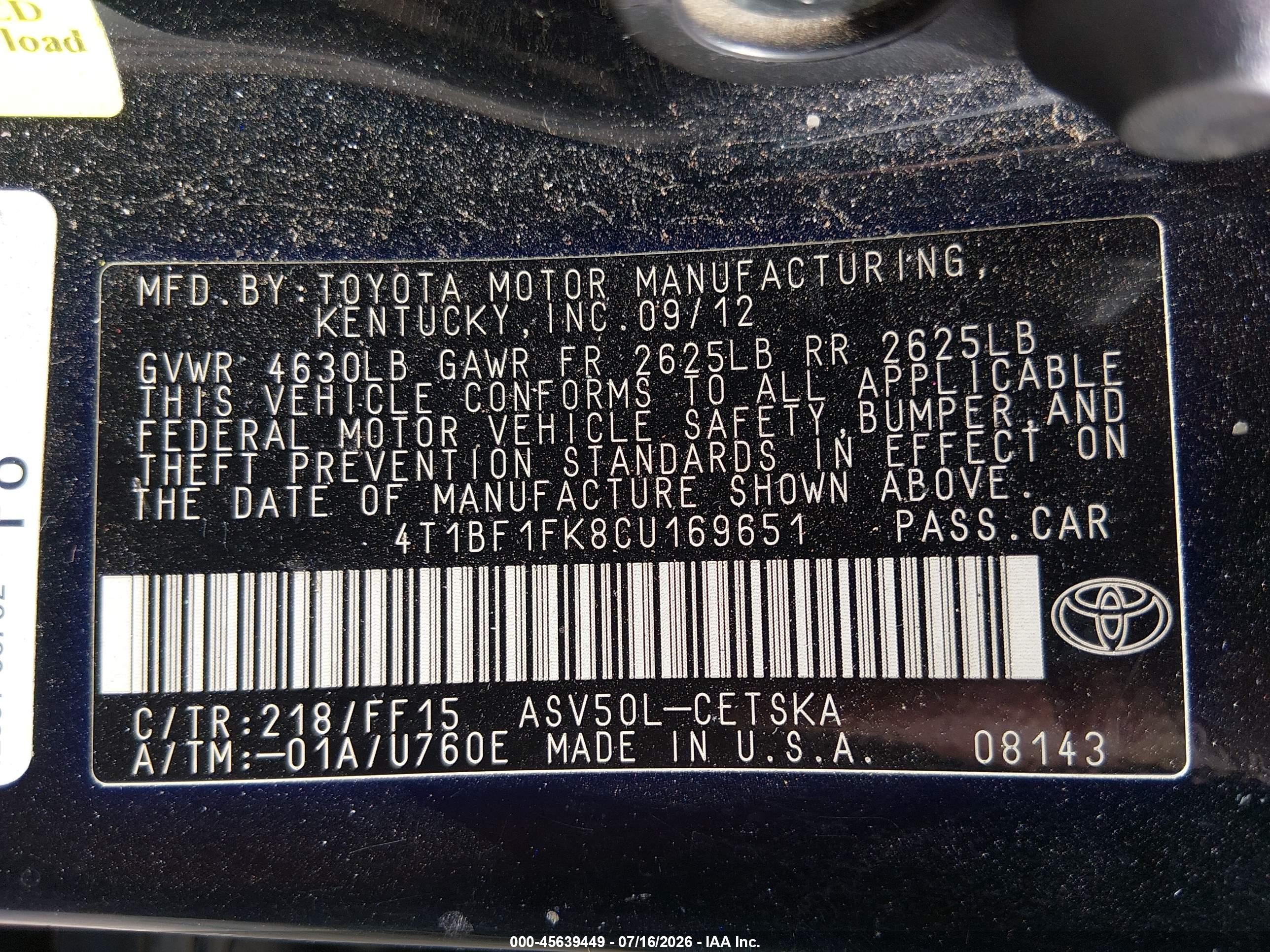 2012 Toyota Camry Se Limited Edition Black vin: 4T1BF1FK8CU169651
