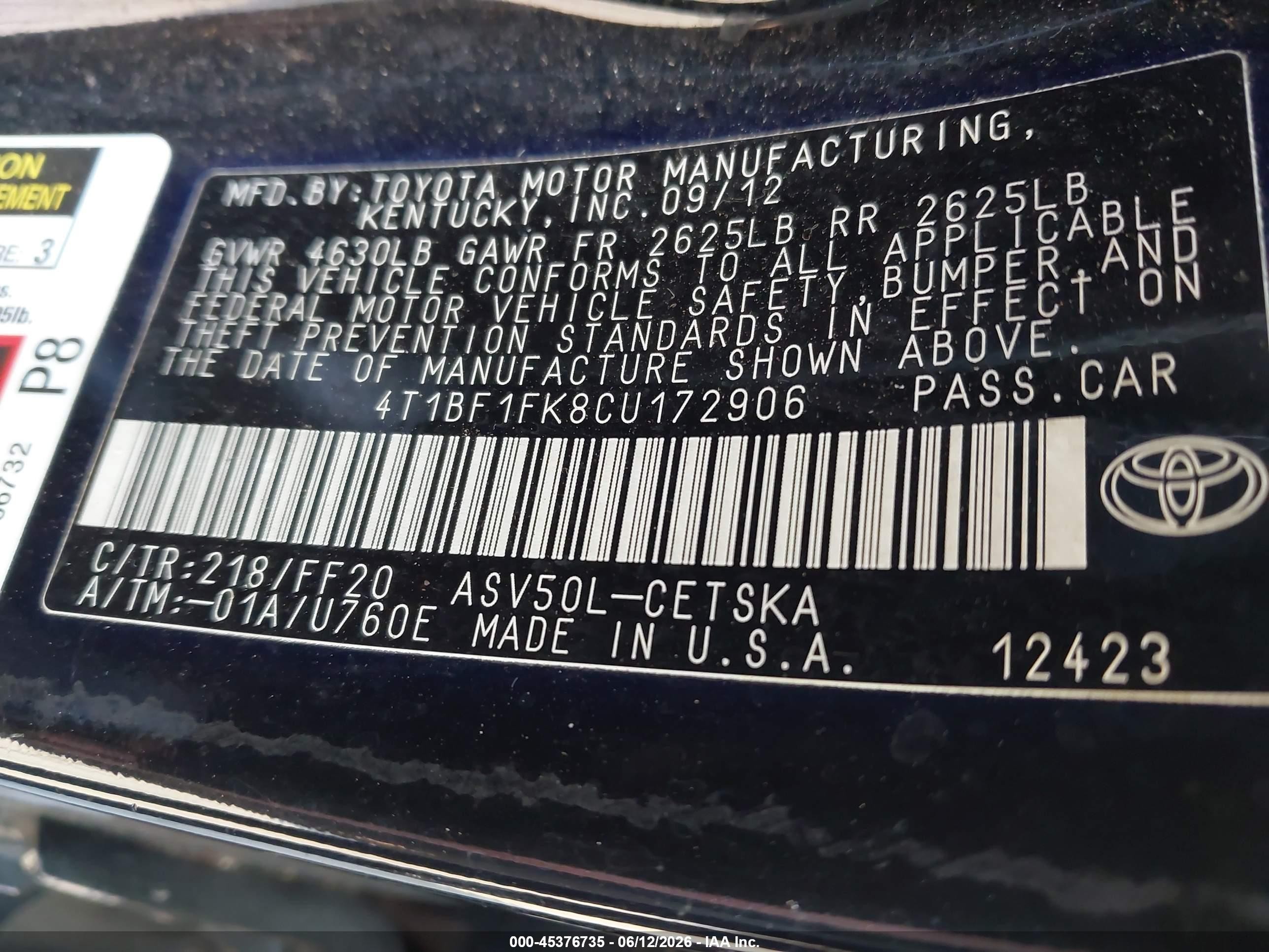 2012 Toyota Camry Se Limited Edition Black vin: 4T1BF1FK8CU172906