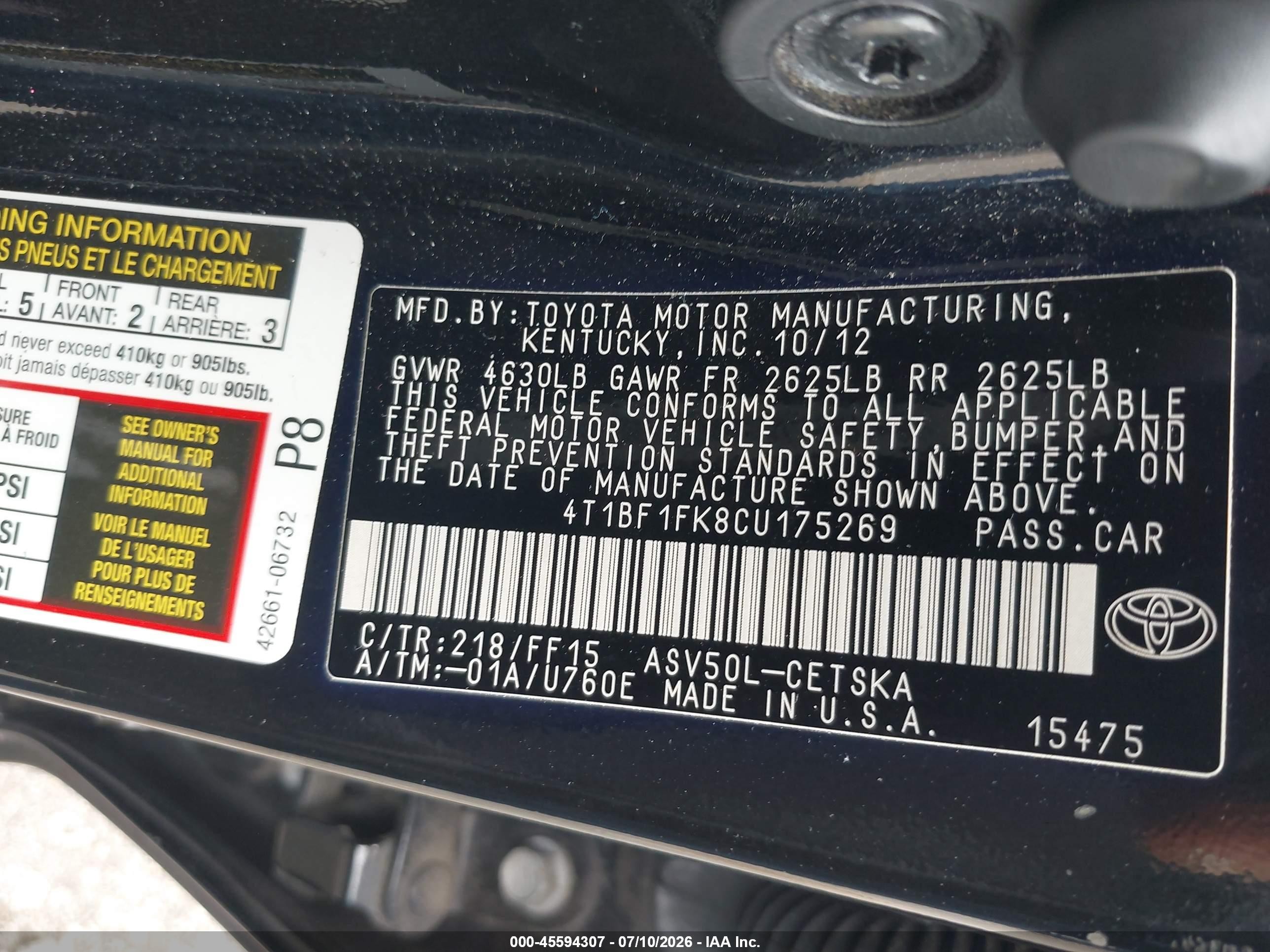 2012 Toyota Camry Se Limited Edition Black vin: 4T1BF1FK8CU175269