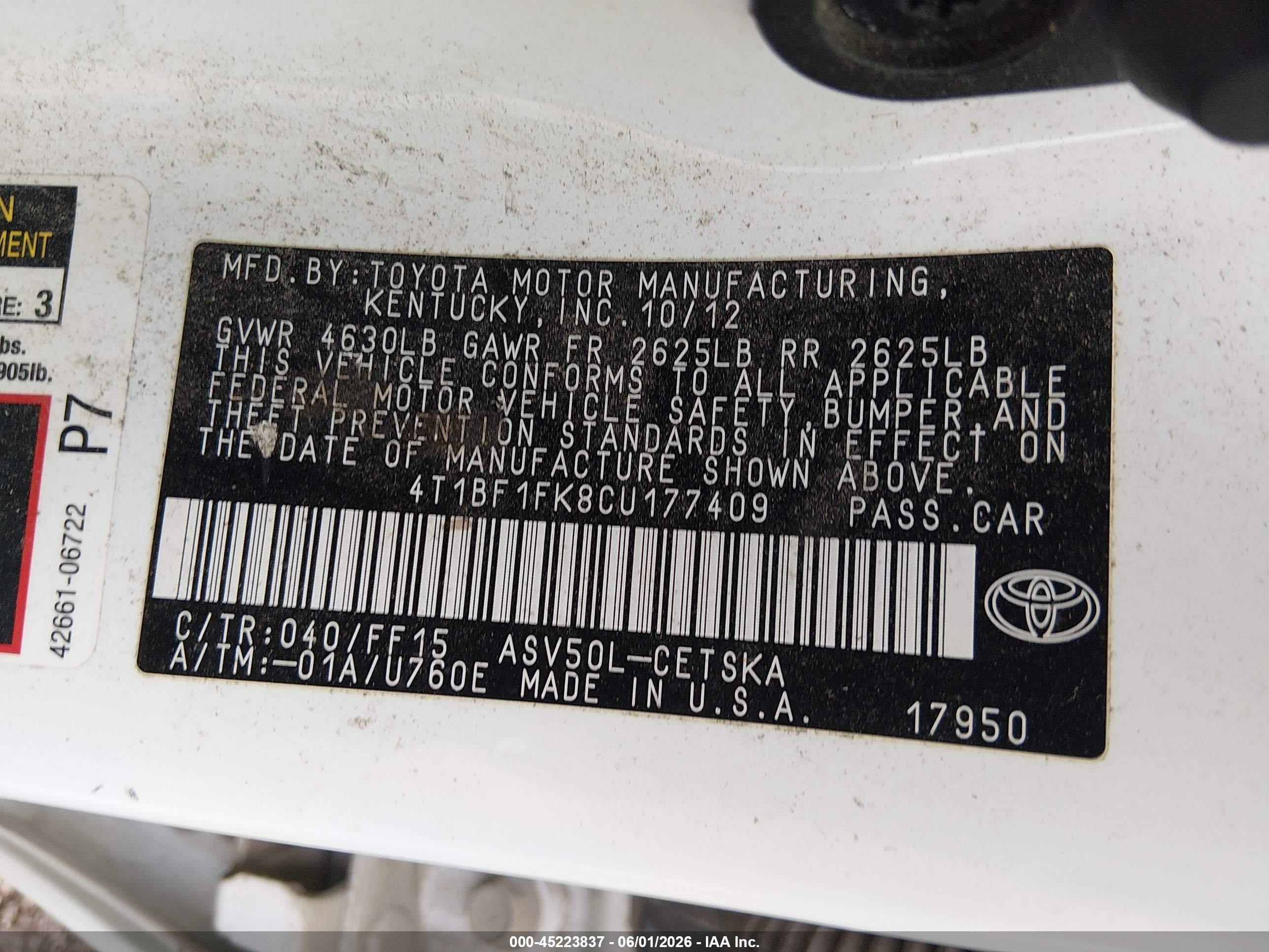 2012 Toyota Camry Se Белый vin: 4T1BF1FK8CU177409