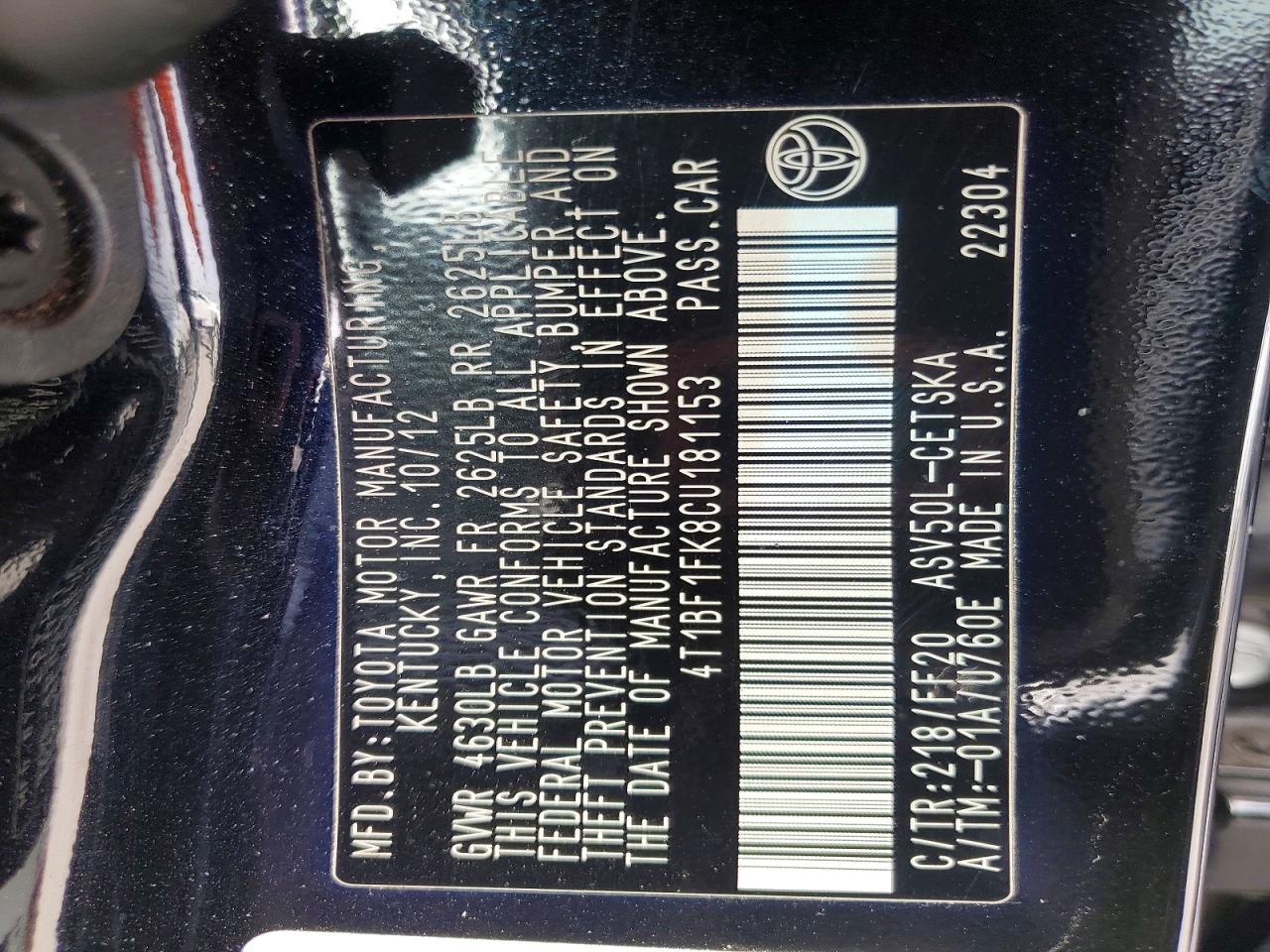 2012 Toyota Camry Base Black vin: 4T1BF1FK8CU181153