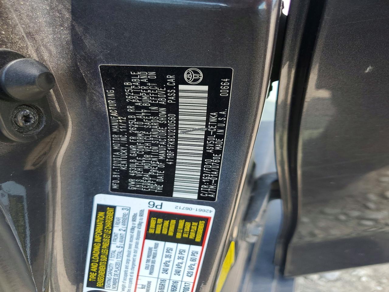 2012 Toyota Camry Le Gray vin: 4T1BF1FK8CU200560