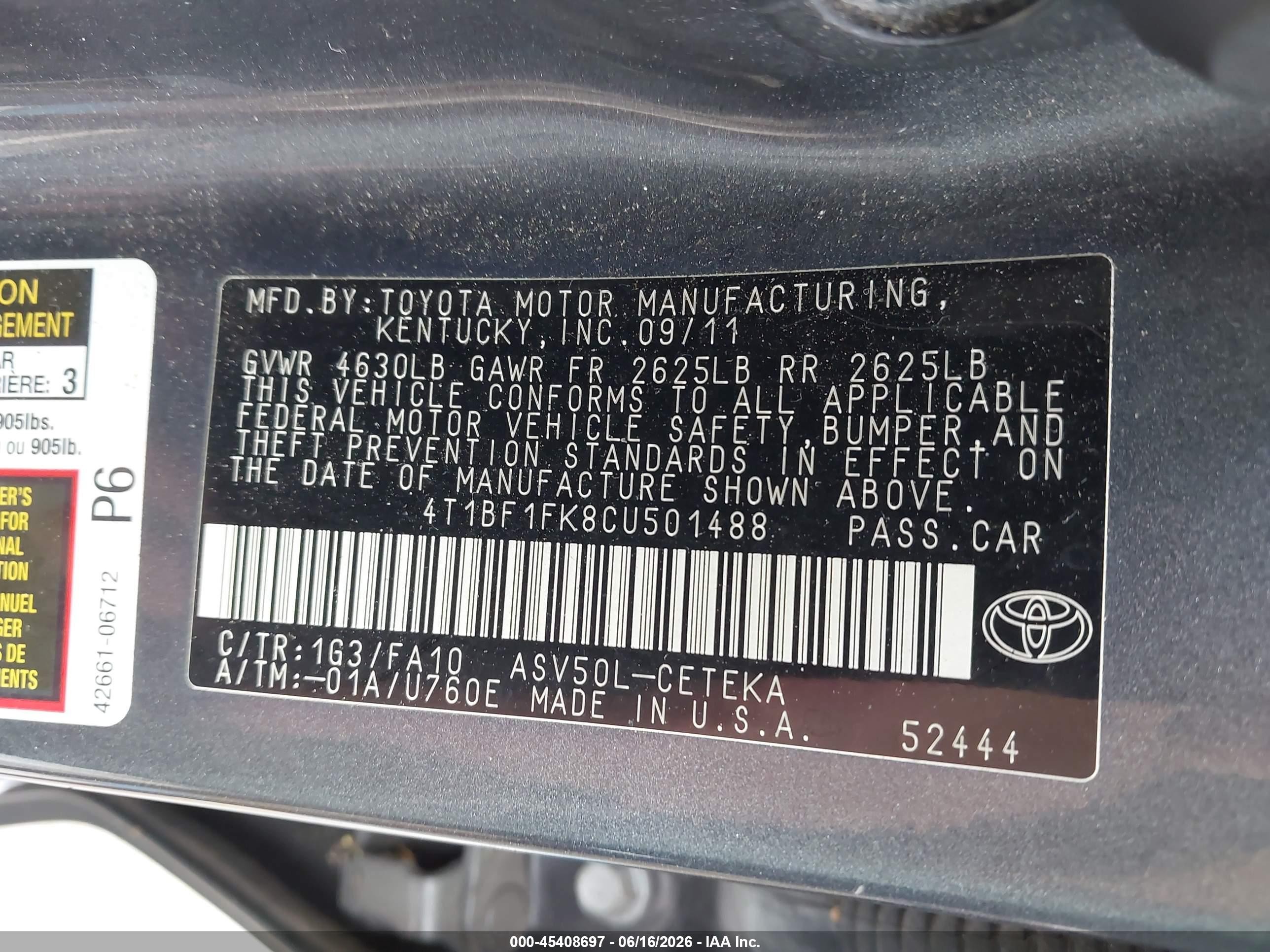 2012 Toyota Camry L Серый vin: 4T1BF1FK8CU501488