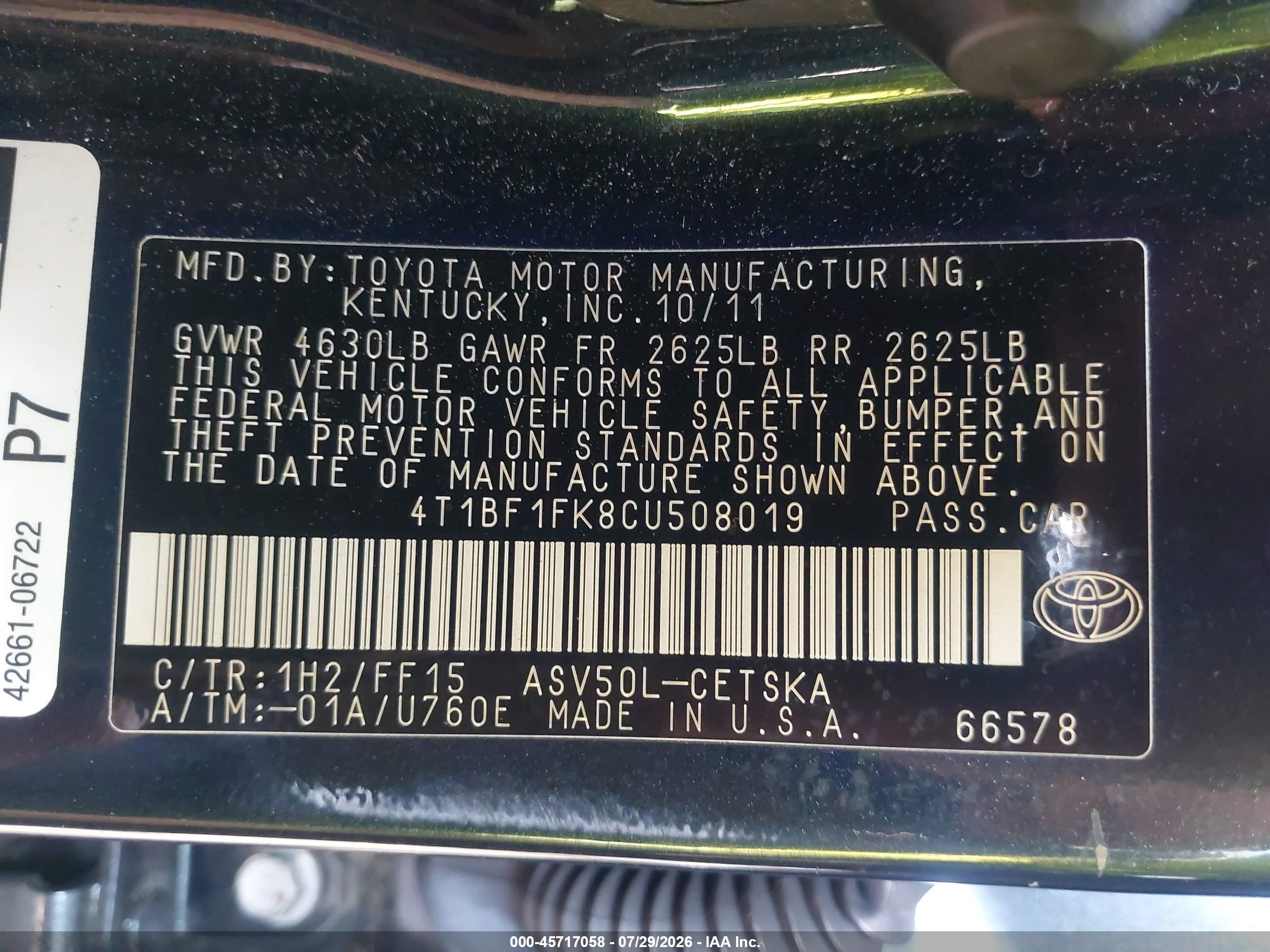 2012 Toyota Camry Se Черный vin: 4T1BF1FK8CU508019