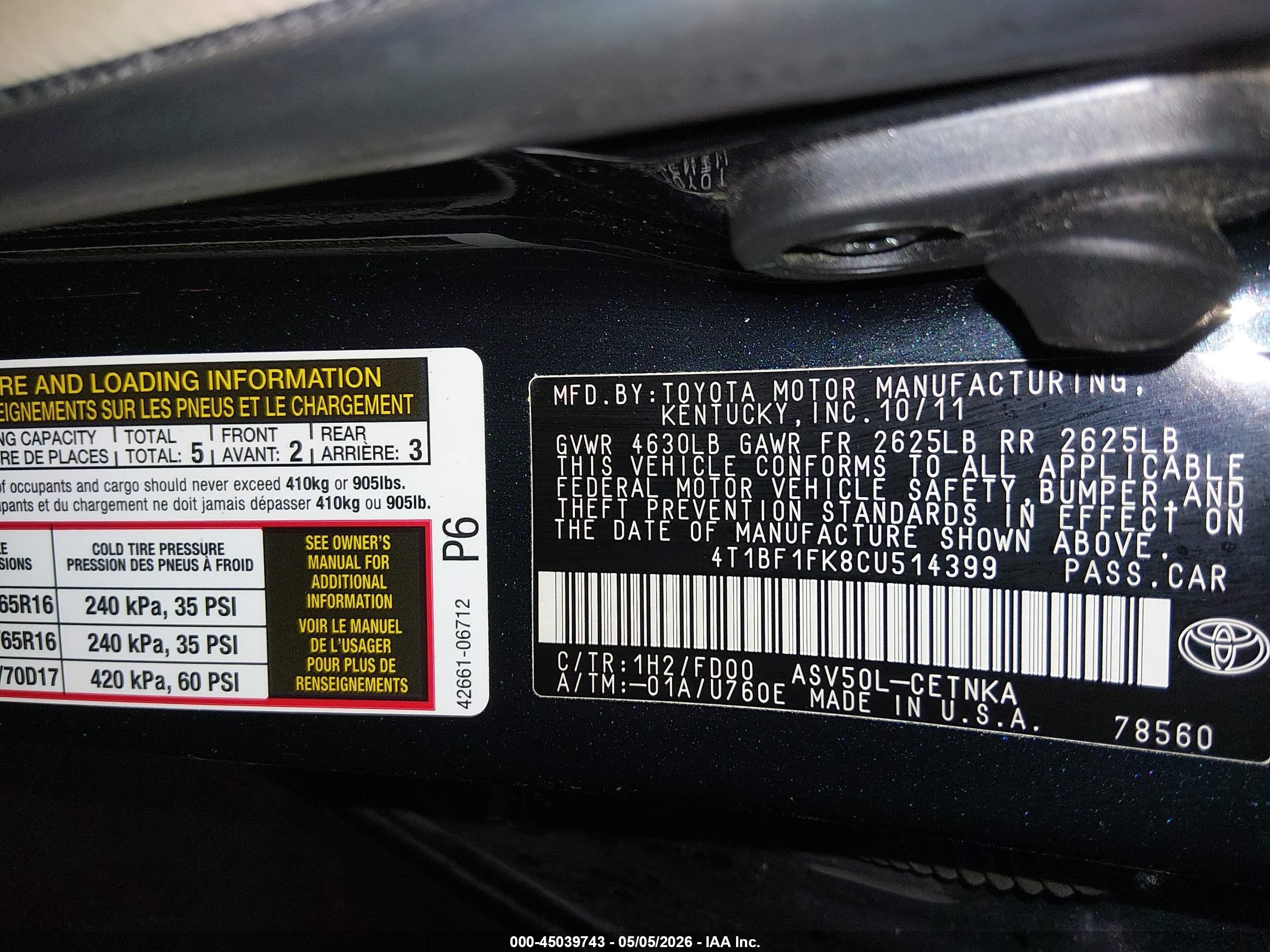 2012 Toyota Camry Le Black vin: 4T1BF1FK8CU514399