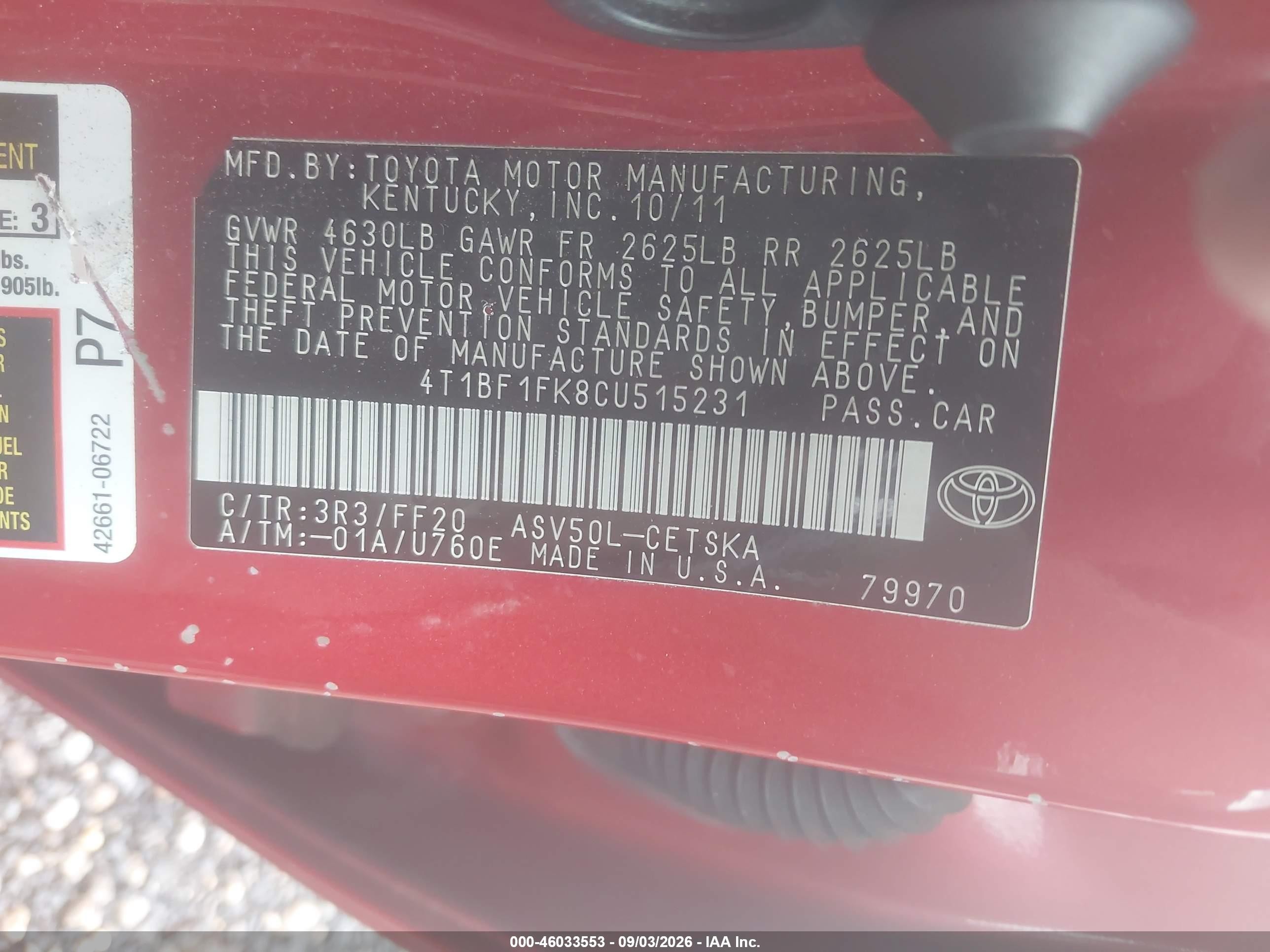 2012 Toyota Camry Se Red vin: 4T1BF1FK8CU515231