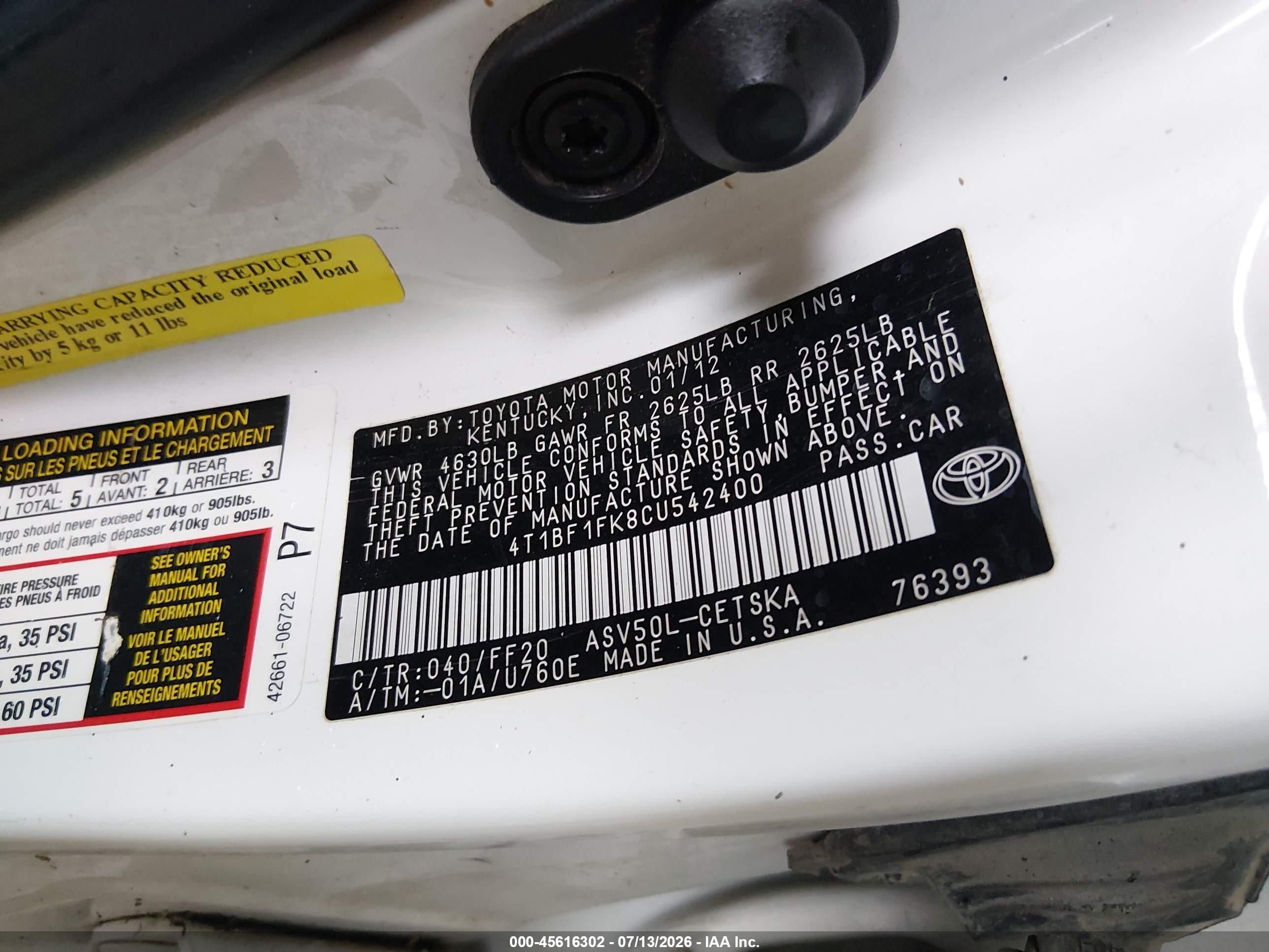 2012 Toyota Camry Se White vin: 4T1BF1FK8CU542400
