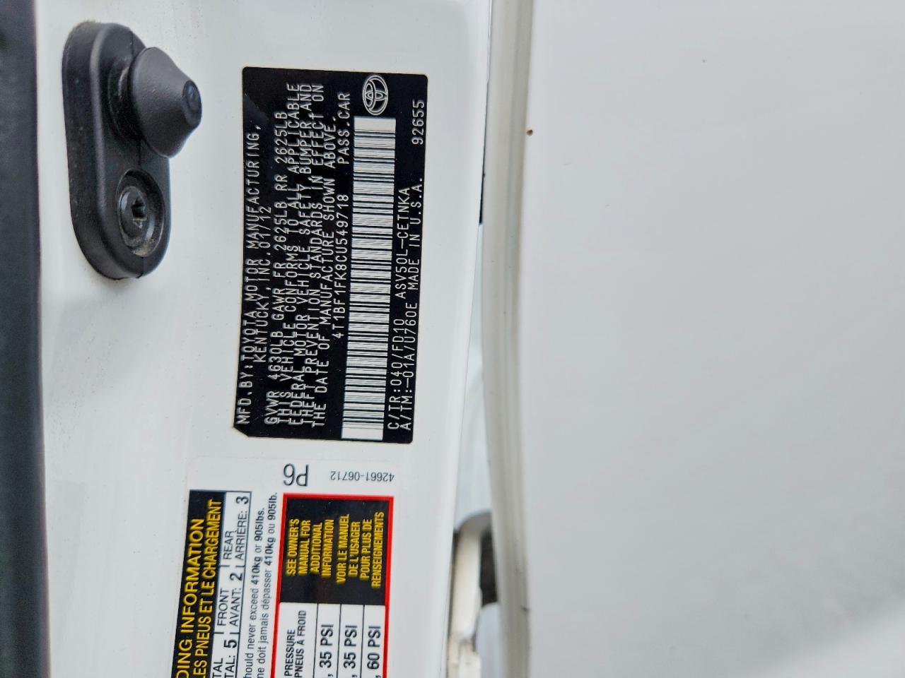 2012 Toyota Camry Le Белый vin: 4T1BF1FK8CU549718