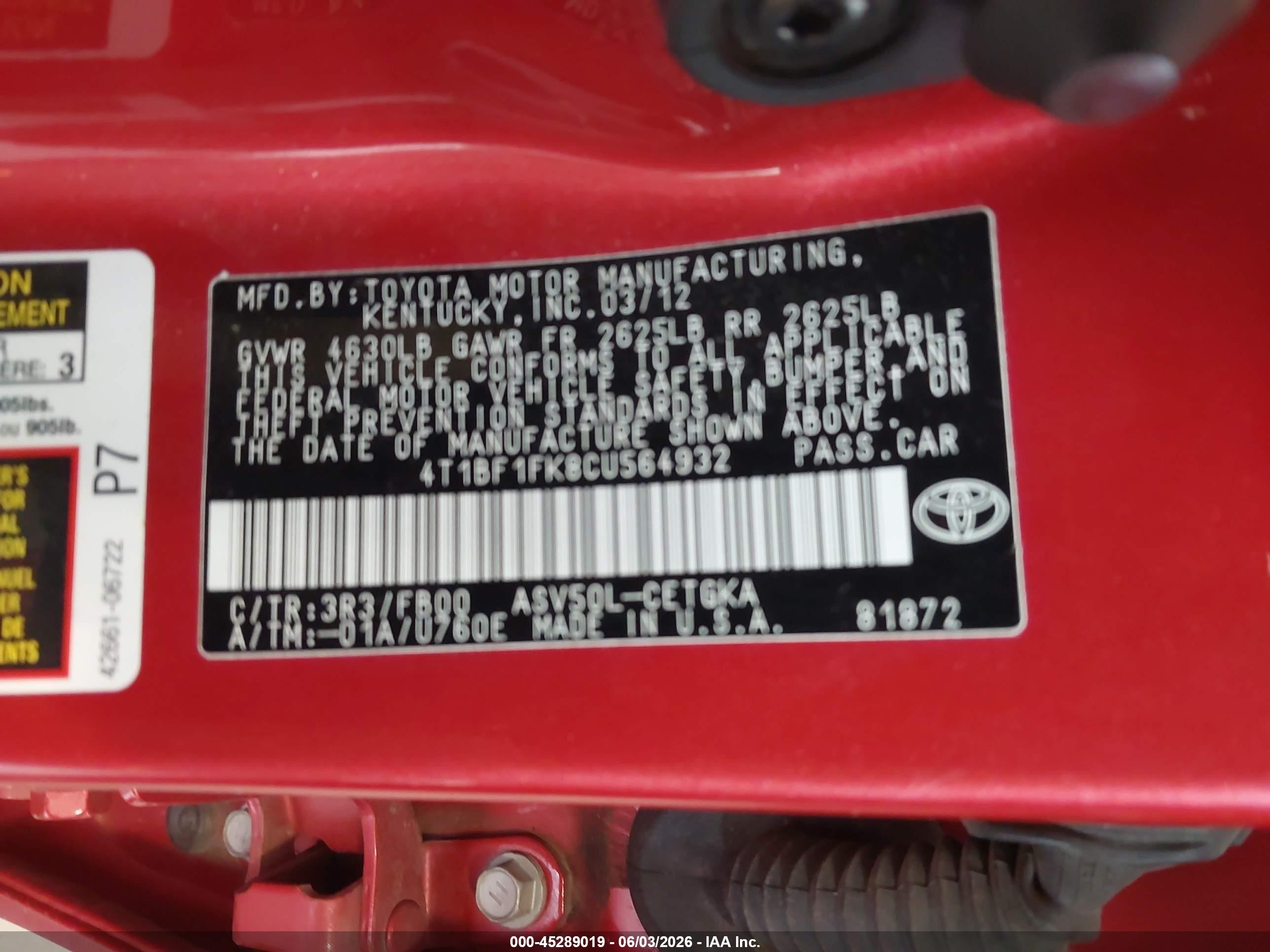 2012 Toyota Camry Xle Red vin: 4T1BF1FK8CU564932