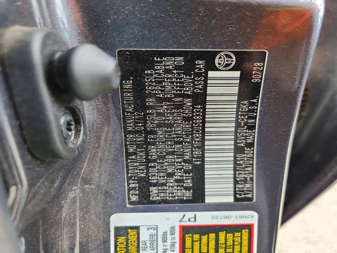 2012 Toyota Camry L Charcoal vin: 4T1BF1FK8CU568334