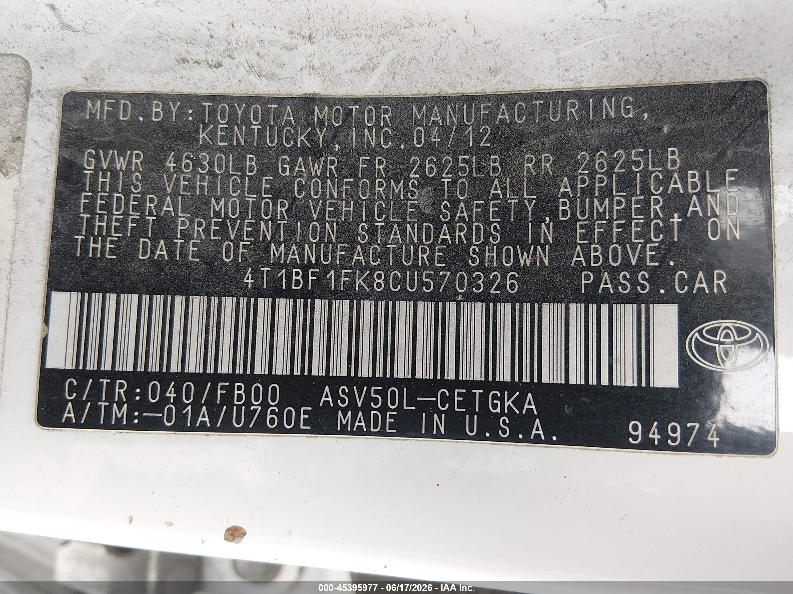 2012 Toyota Camry Xle Белый vin: 4T1BF1FK8CU570326