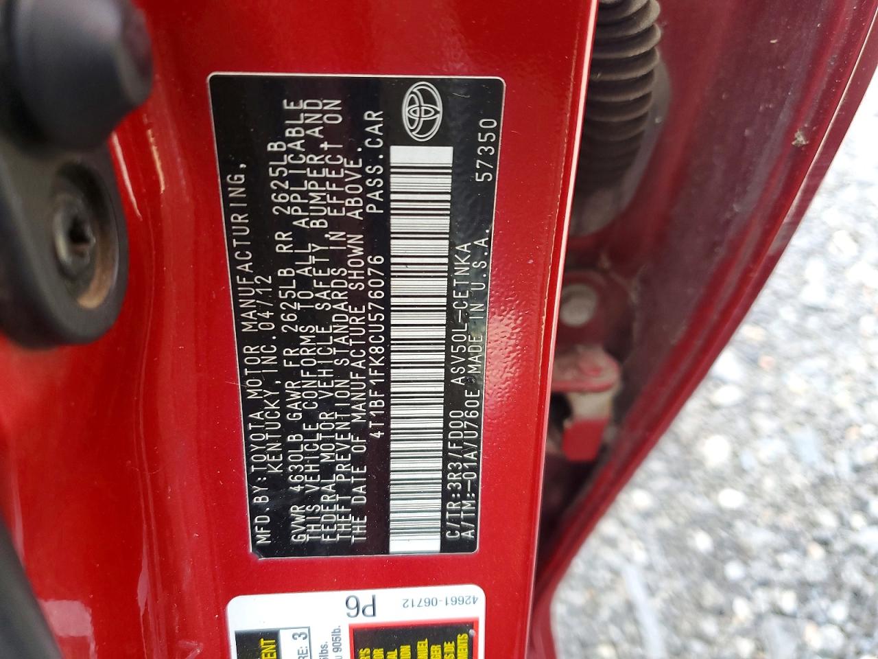 2012 Toyota Camry Le Red vin: 4T1BF1FK8CU576076