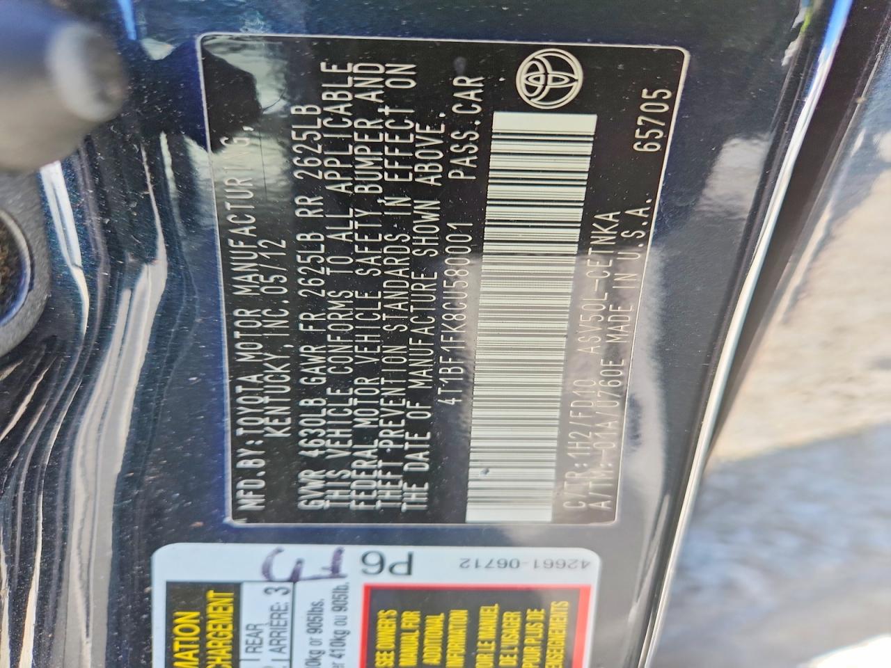 2012 Toyota Camry Le Черный vin: 4T1BF1FK8CU580001