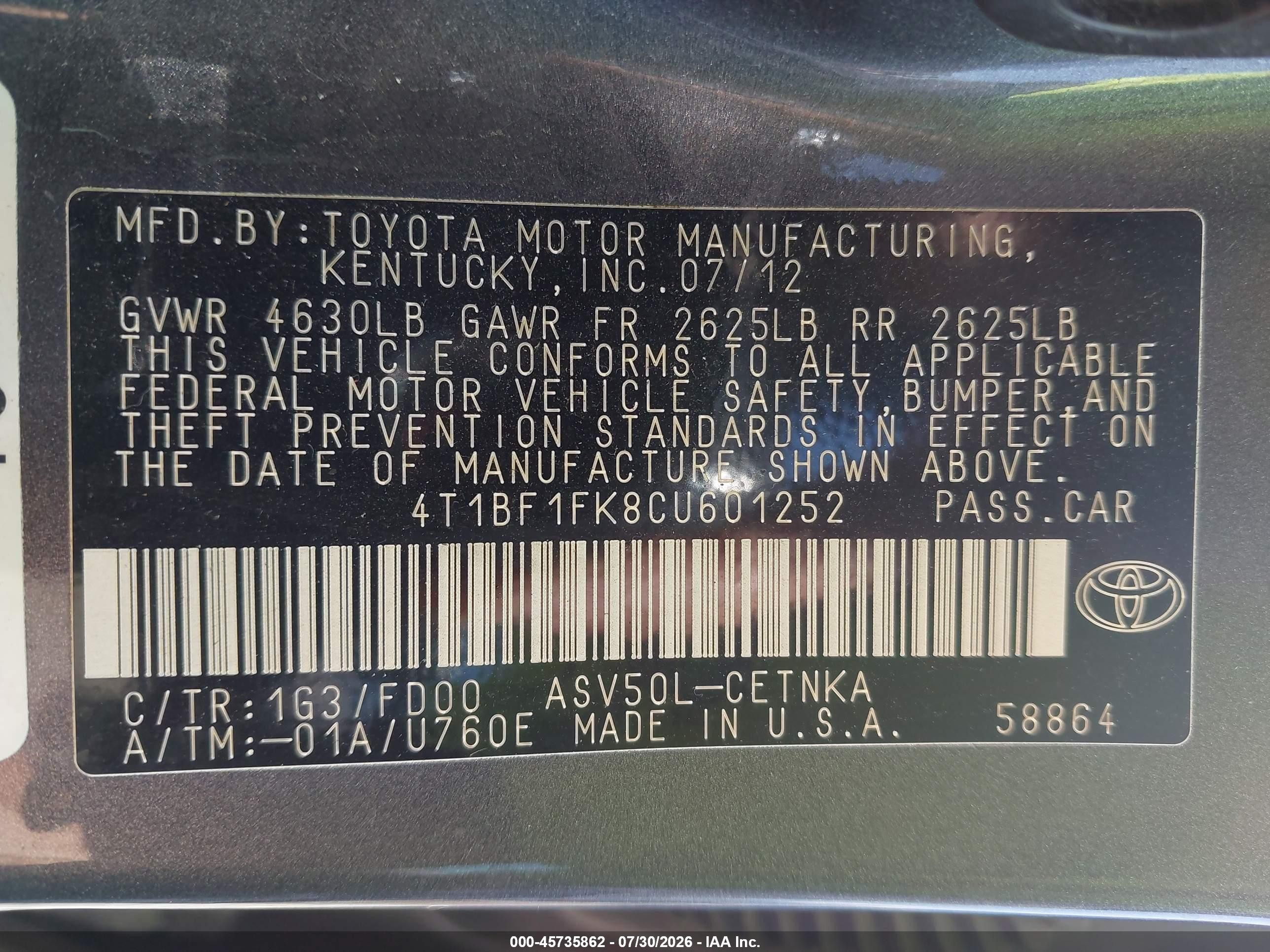2012 Toyota Camry Le Gray vin: 4T1BF1FK8CU601252