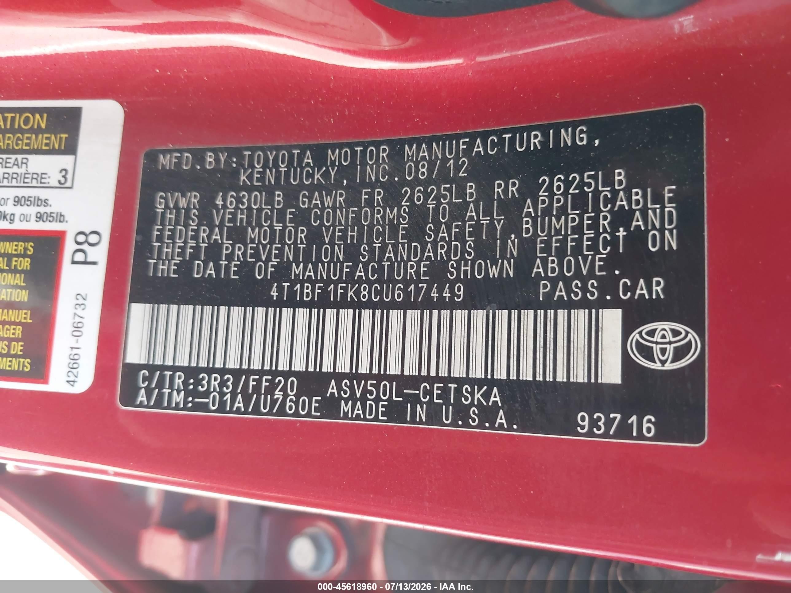 2012 Toyota Camry Se Limited Edition Red vin: 4T1BF1FK8CU617449