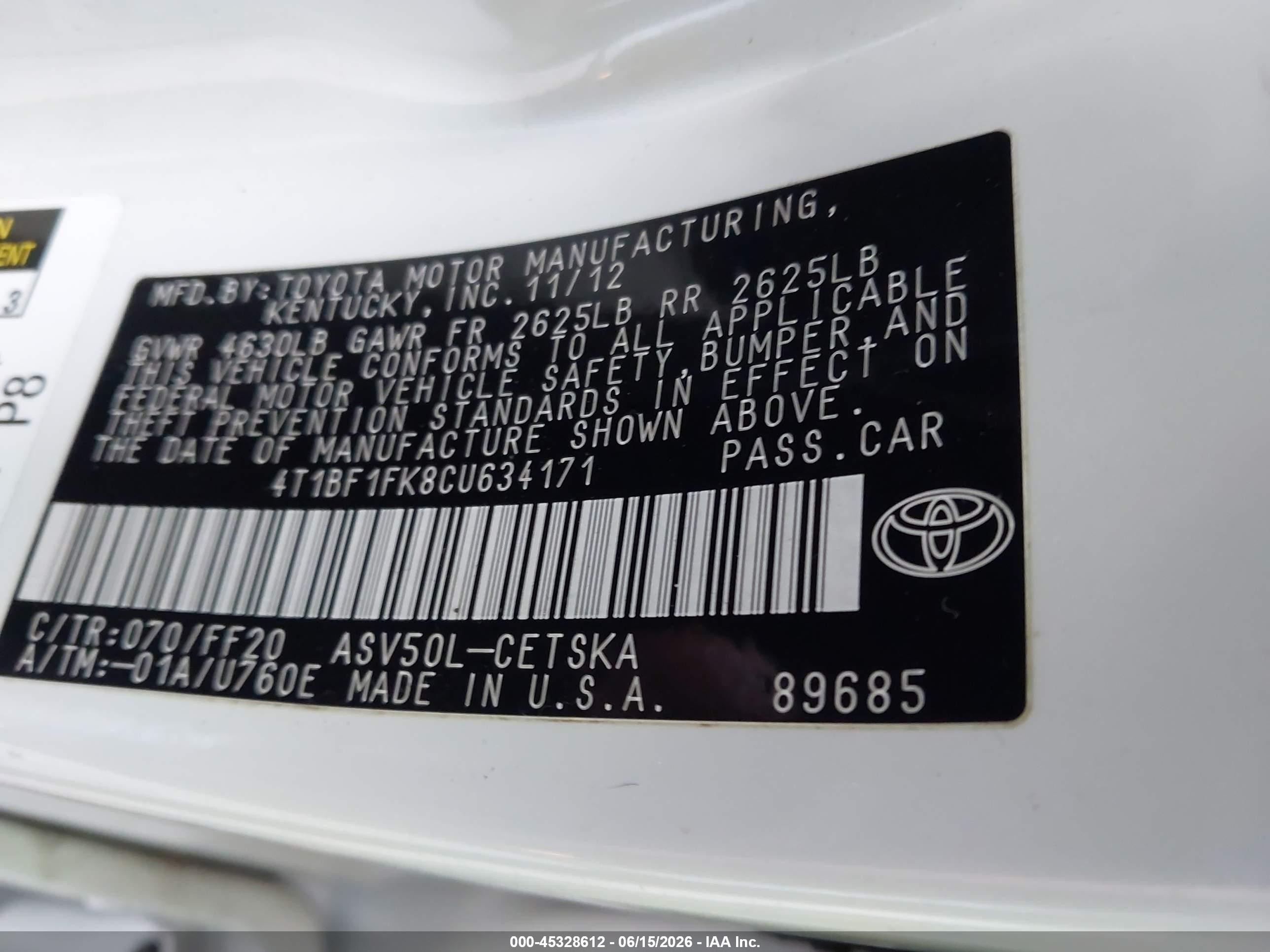 2012 Toyota Camry Se Limited Edition Белый vin: 4T1BF1FK8CU634171
