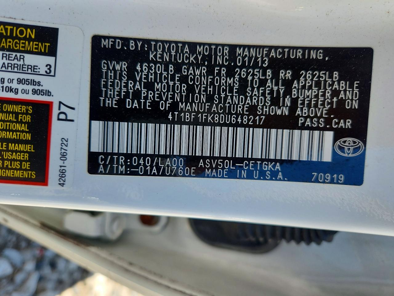 2013 Toyota Camry Xle White vin: 4T1BF1FK8DU648217